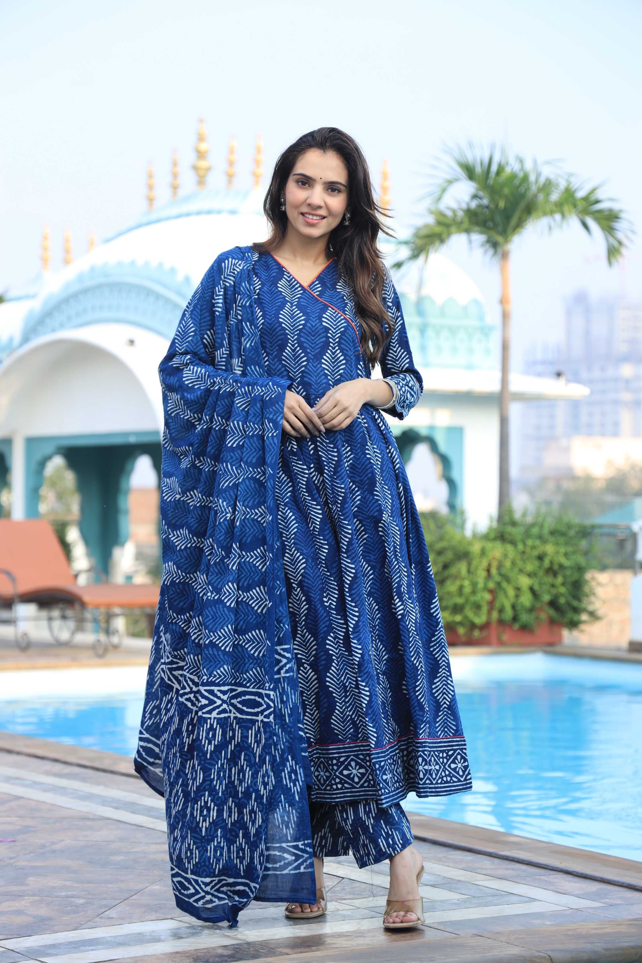 Indigo Blue Angrakha Style Leaf Print Cotton Anarkali Suit