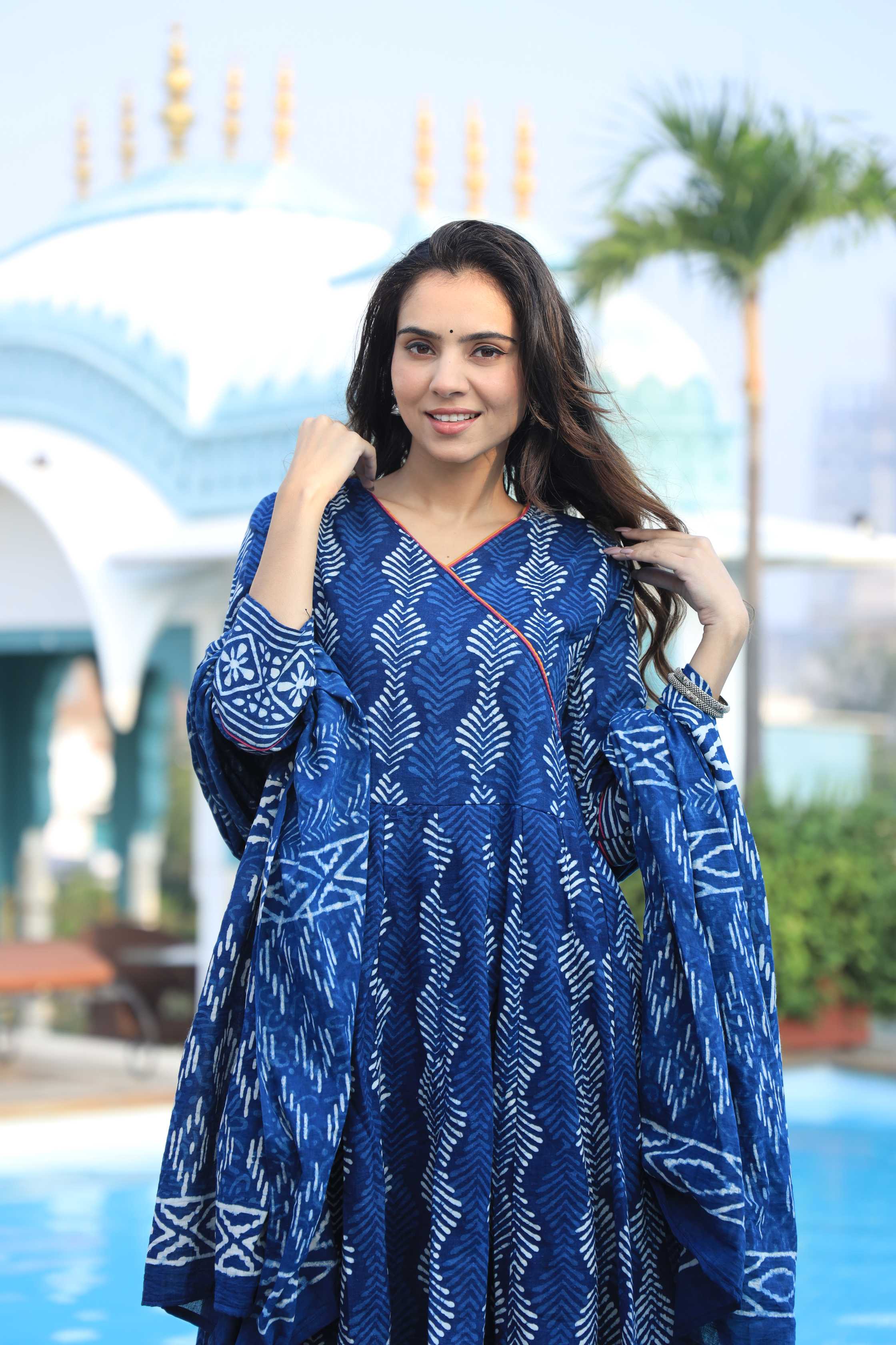 Indigo Blue Angrakha Style Leaf Print Cotton Anarkali Suit