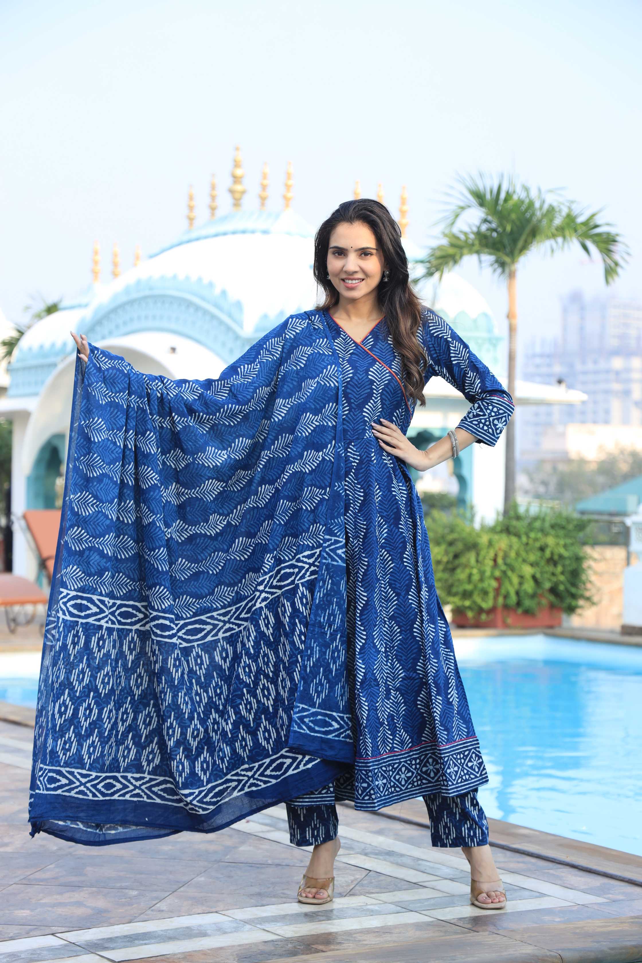 Indigo Blue Angrakha Style Leaf Print Cotton Anarkali Suit