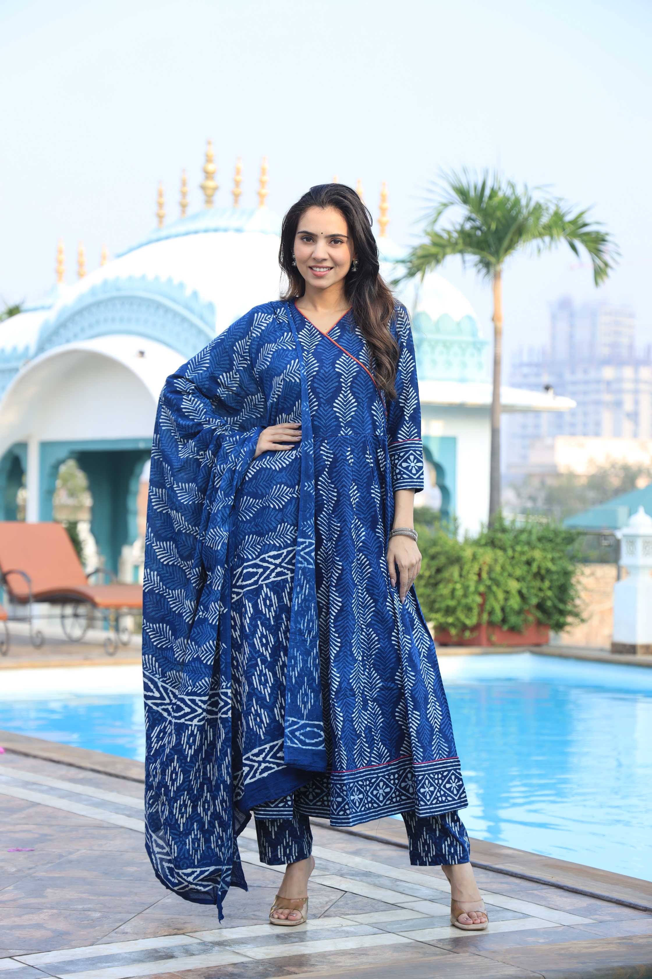 Indigo Blue Angrakha Style Leaf Print Cotton Anarkali Suit