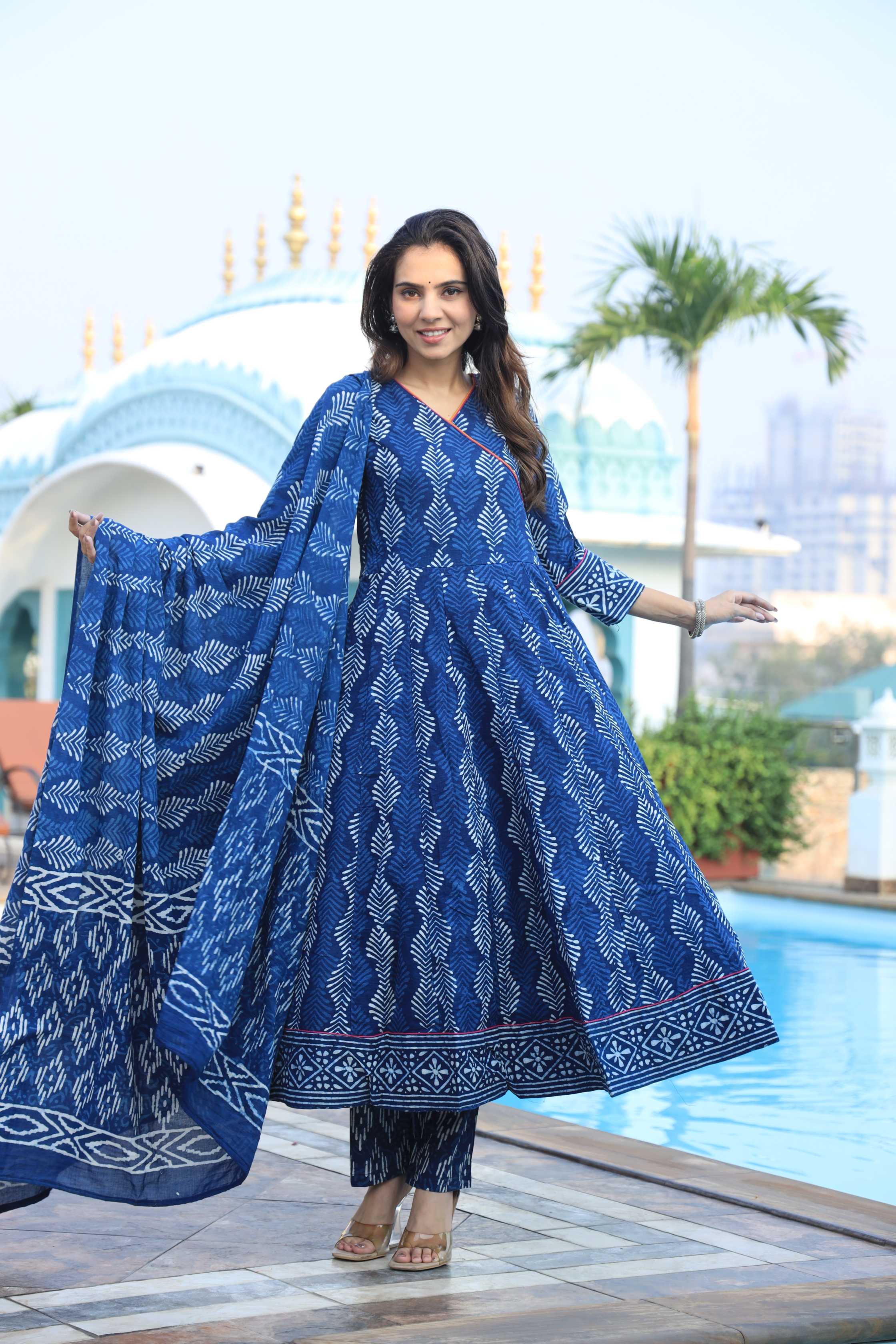 Indigo Blue Angrakha Style Leaf Print Cotton Anarkali Suit