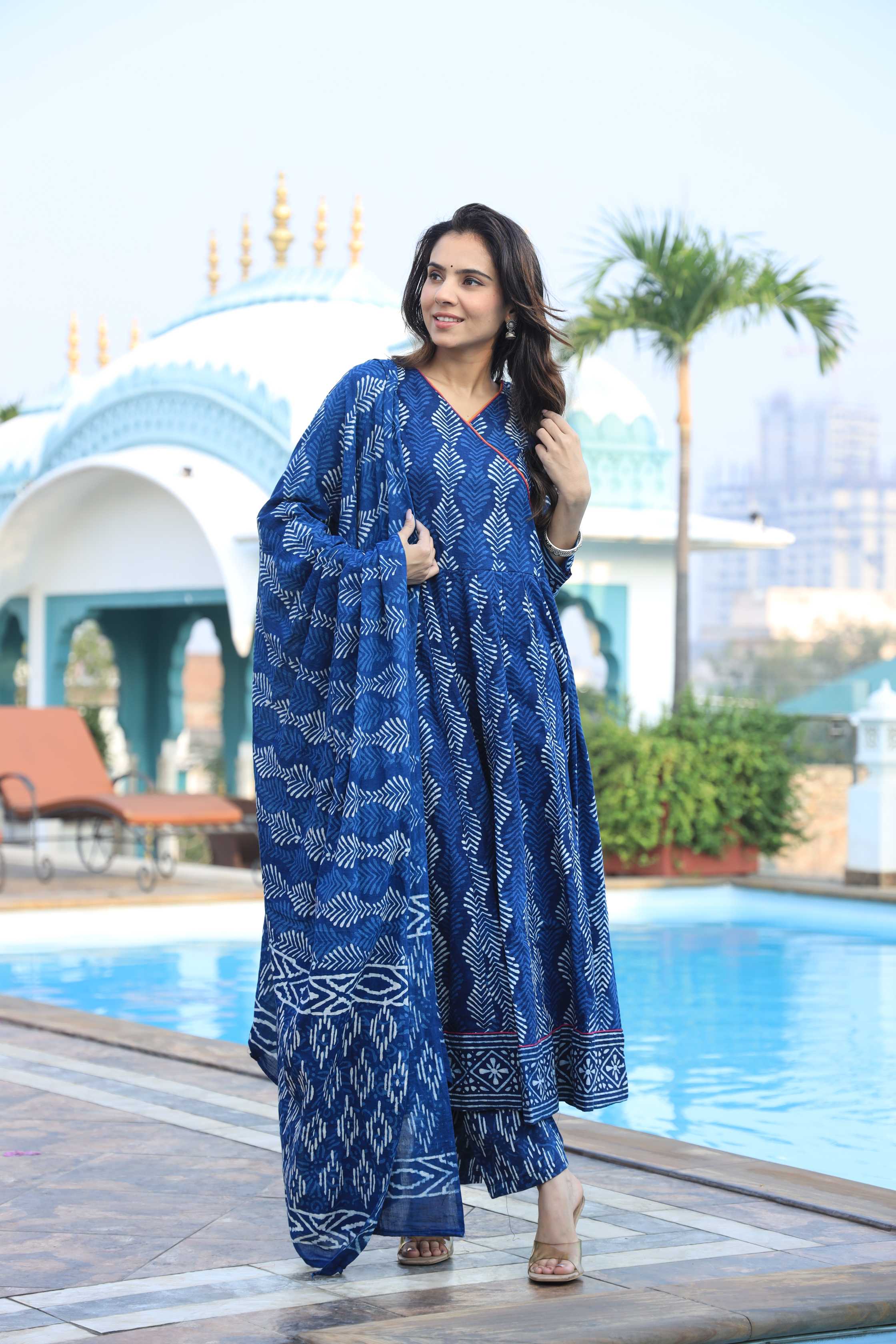 Indigo Blue Angrakha Style Leaf Print Cotton Anarkali Suit