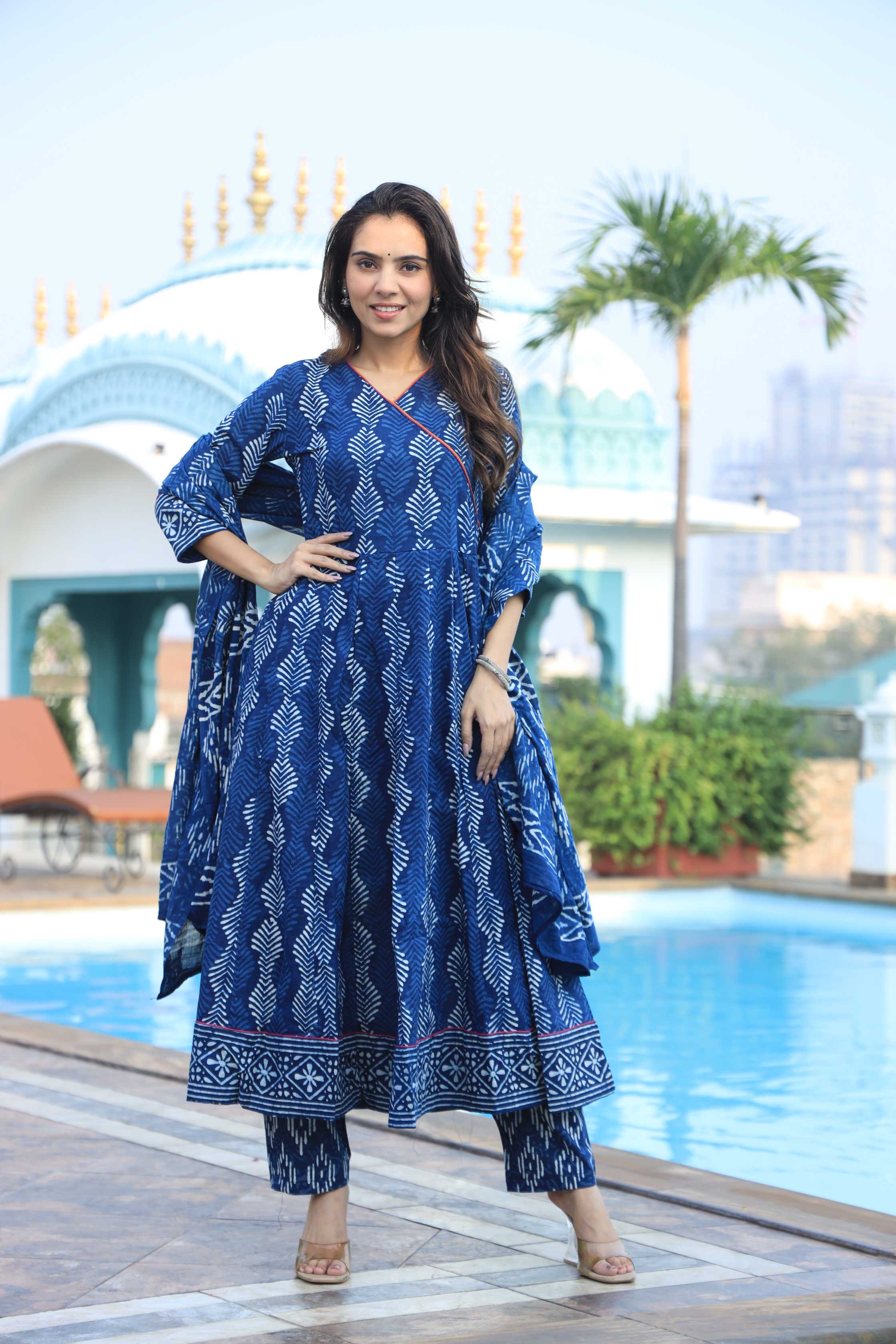 Indigo Blue Angrakha Style Leaf Print Cotton Anarkali Suit