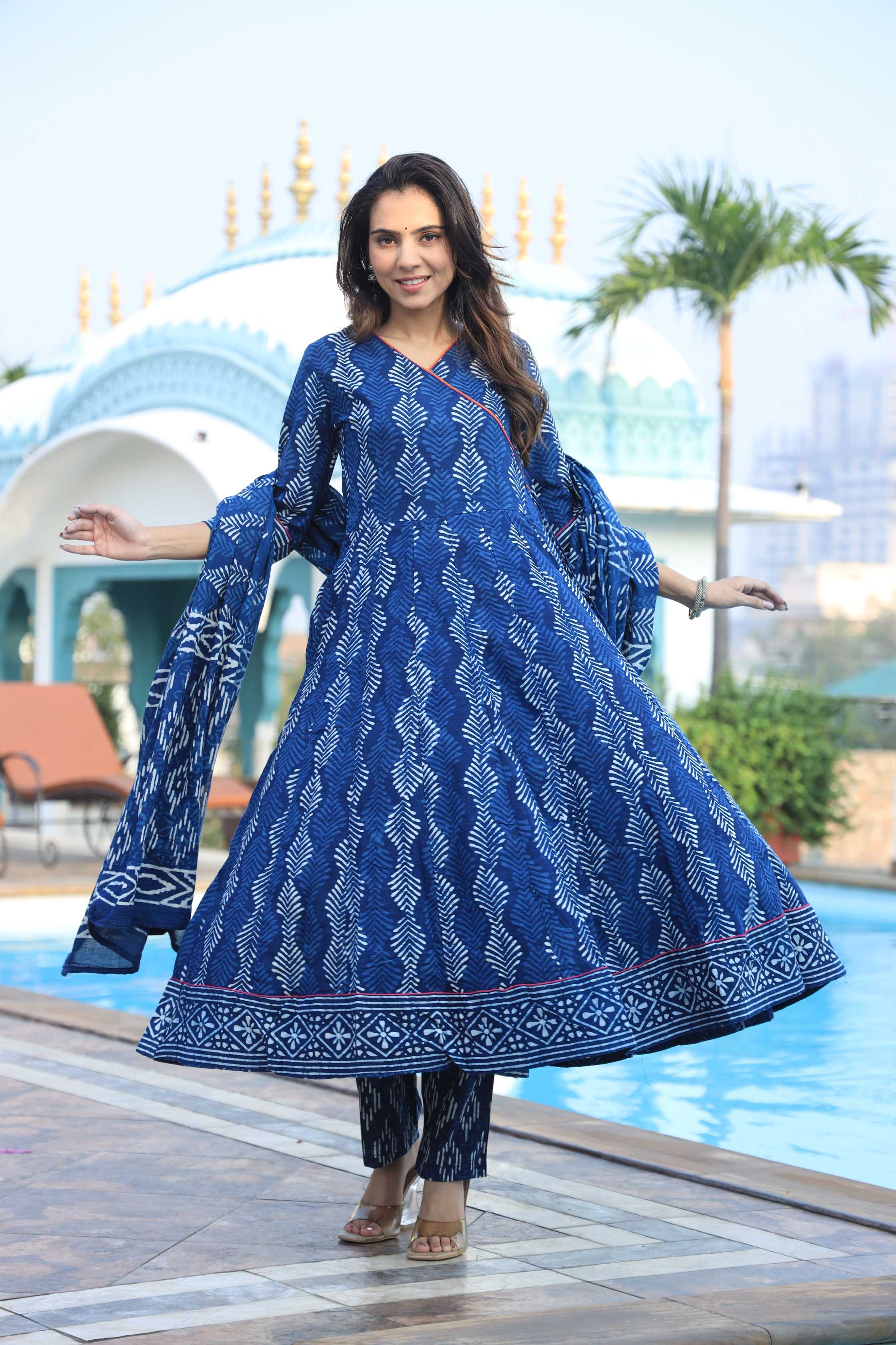 Indigo Blue Angrakha Style Leaf Print Cotton Anarkali Suit