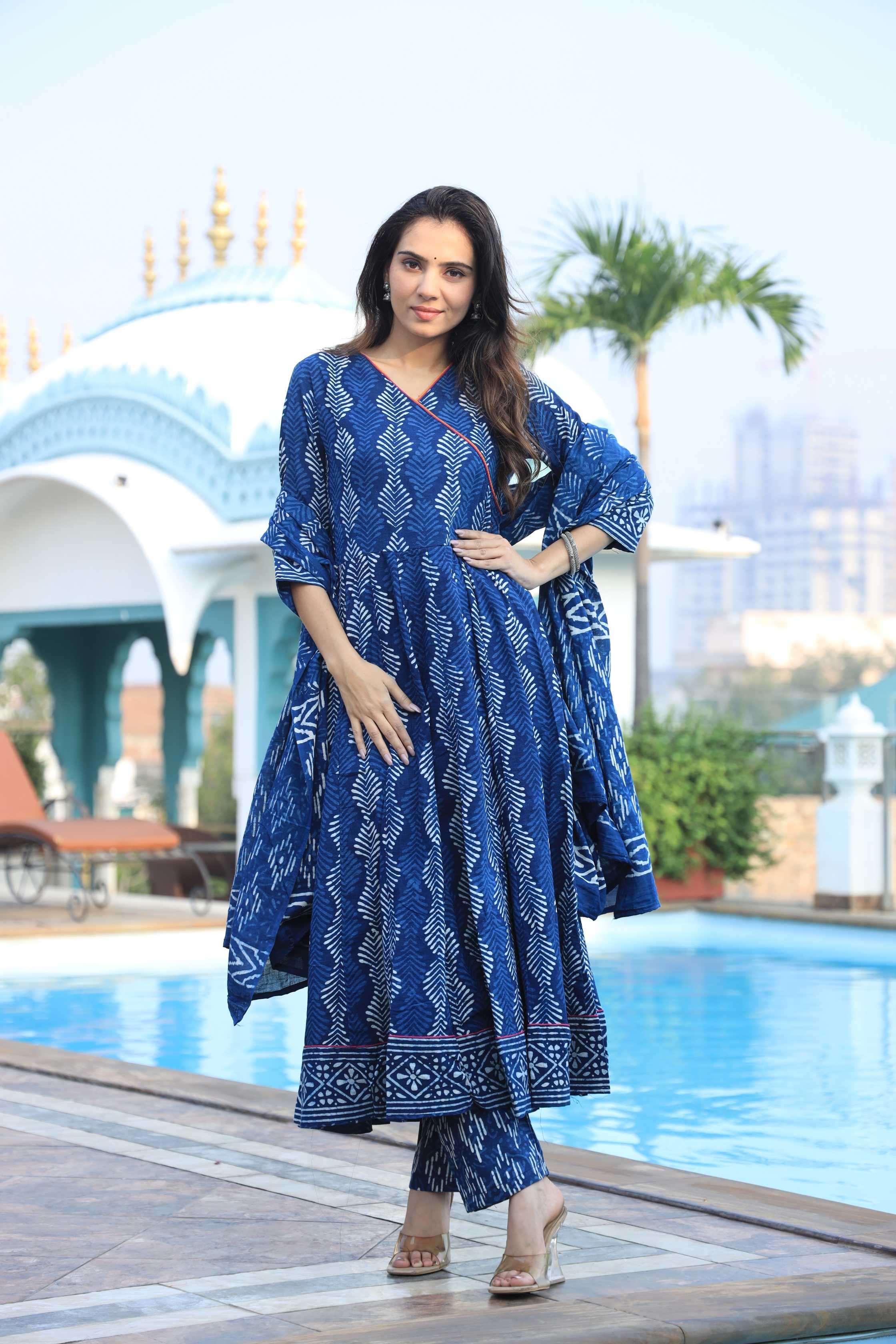 Indigo Blue Angrakha Style Leaf Print Cotton Anarkali Suit