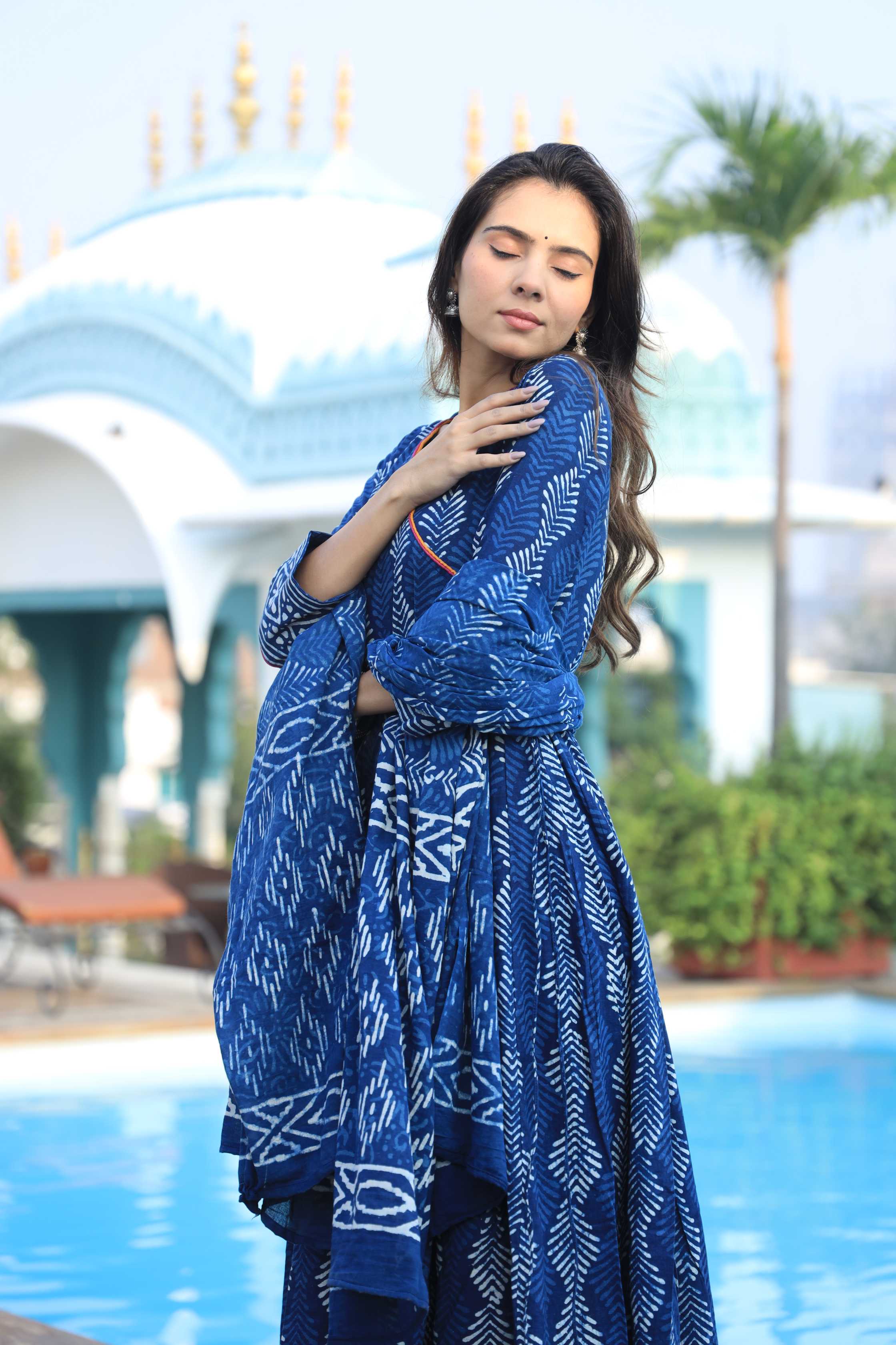 Indigo Blue Angrakha Style Leaf Print Cotton Anarkali Suit