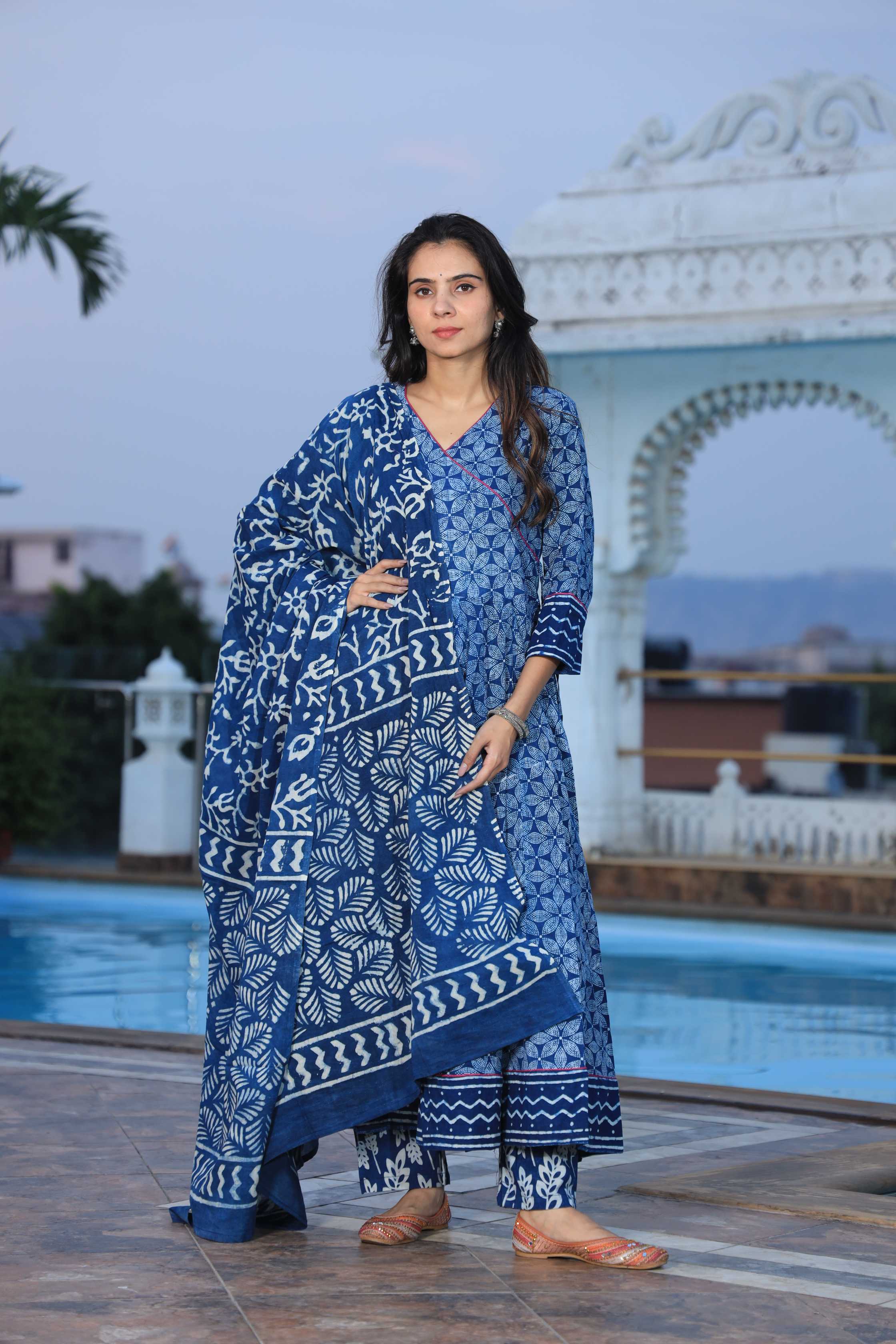 Indigo Blue Hand-Block Print Cotton Angrakha Anarkali Suit