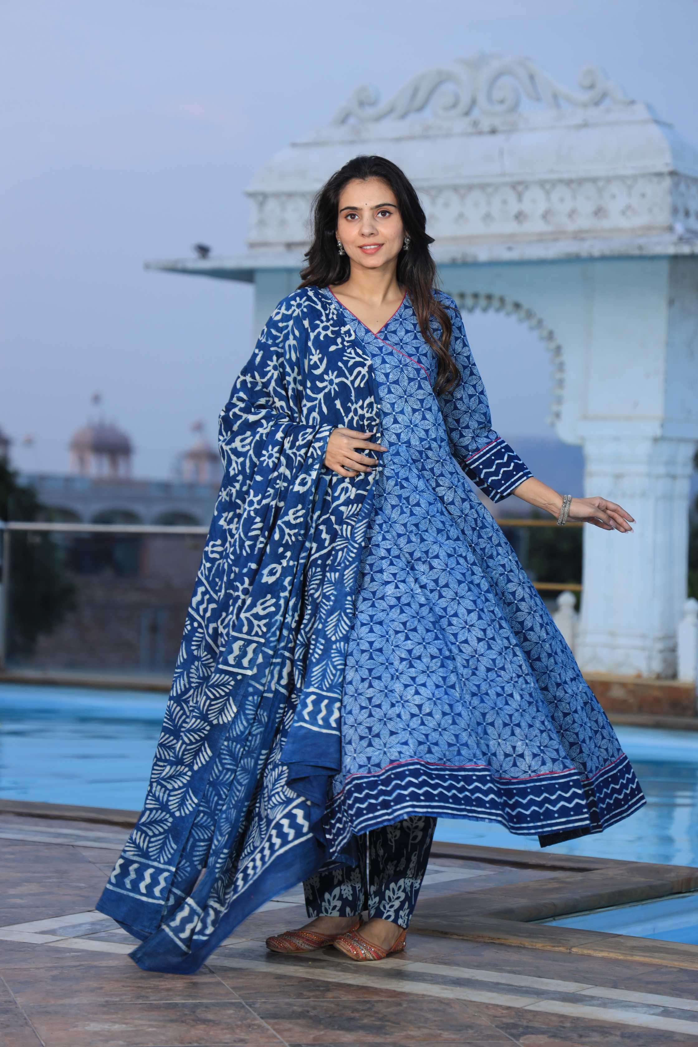 Indigo Blue Hand-Block Print Cotton Angrakha Anarkali Suit