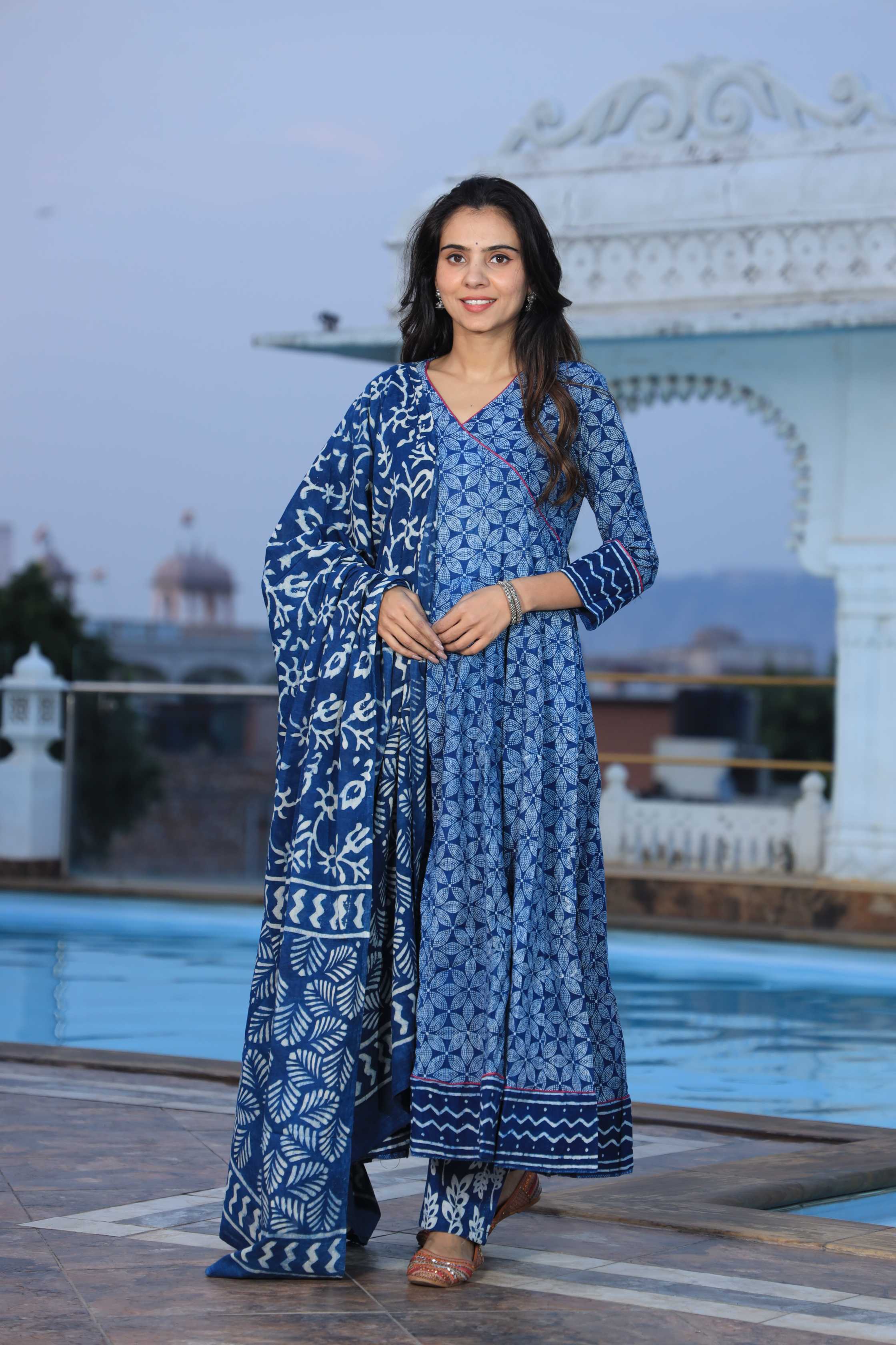 Indigo Blue Hand-Block Print Cotton Angrakha Anarkali Suit