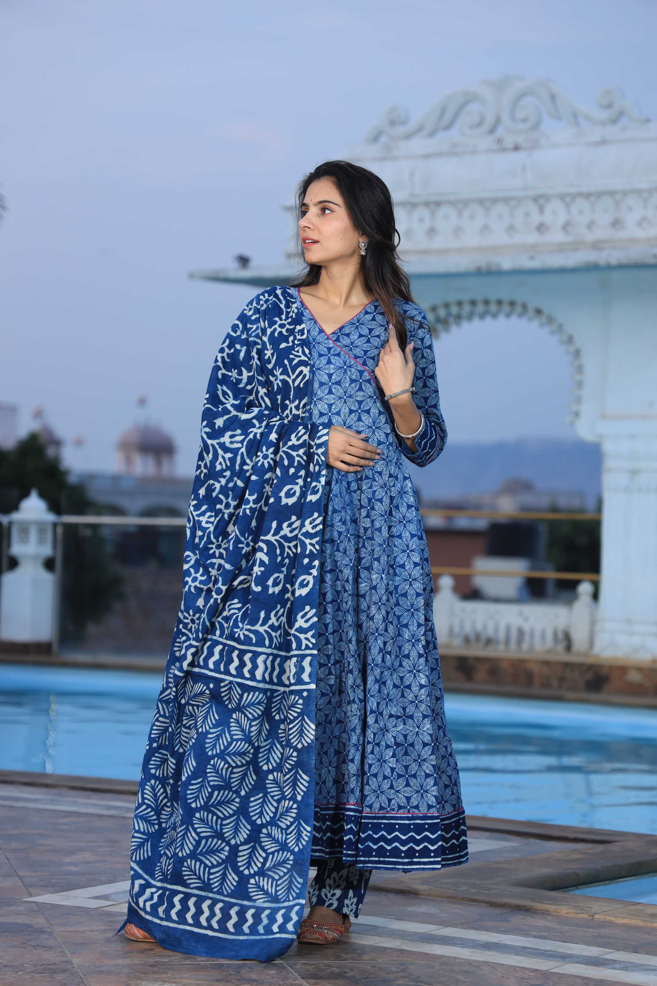 Indigo Blue Hand-Block Print Cotton Angrakha Anarkali Suit