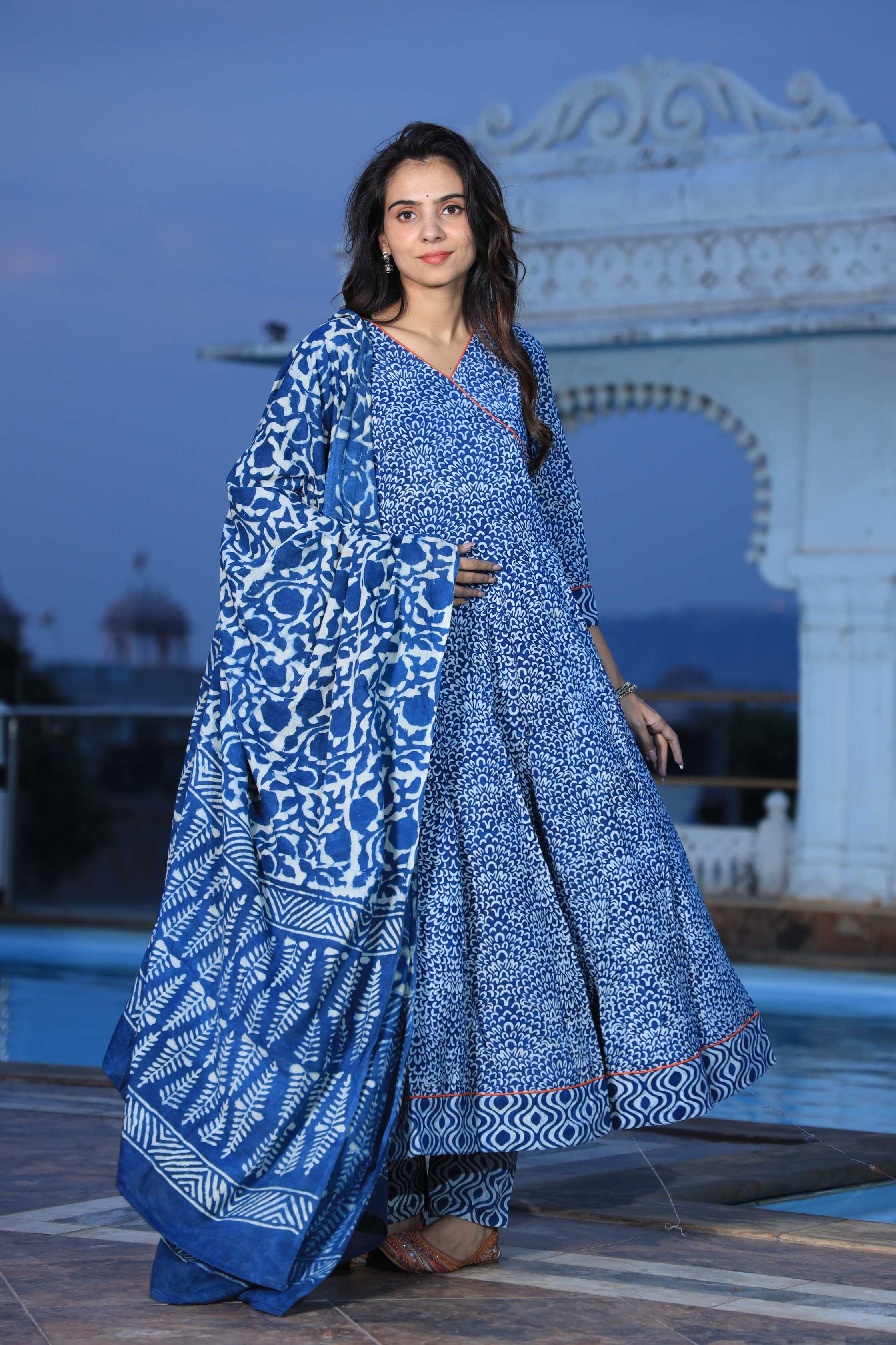 Indigo Hand-Block Print Cotton Angrakha Anarkali Suit