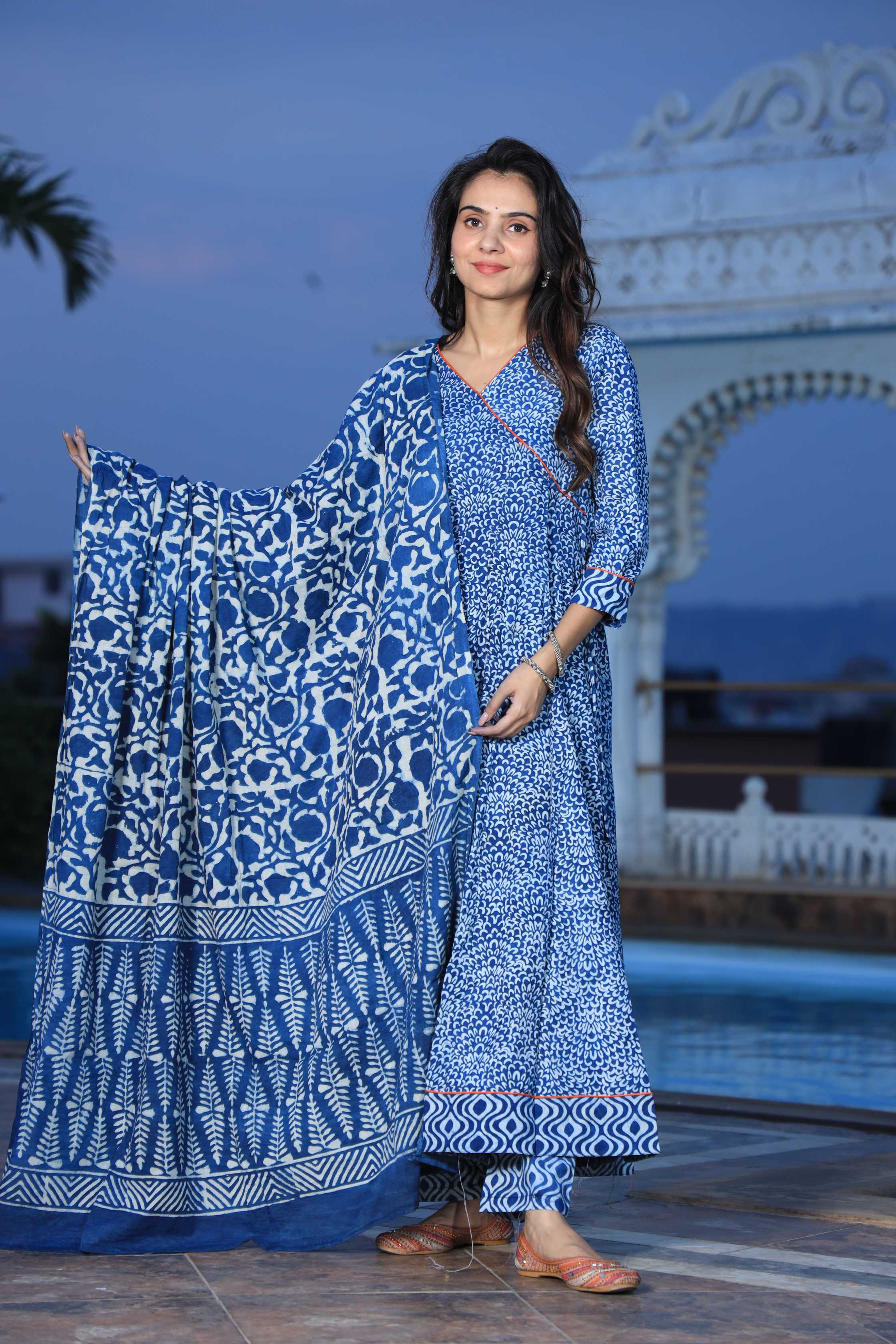 Indigo Hand-Block Print Cotton Angrakha Anarkali Suit