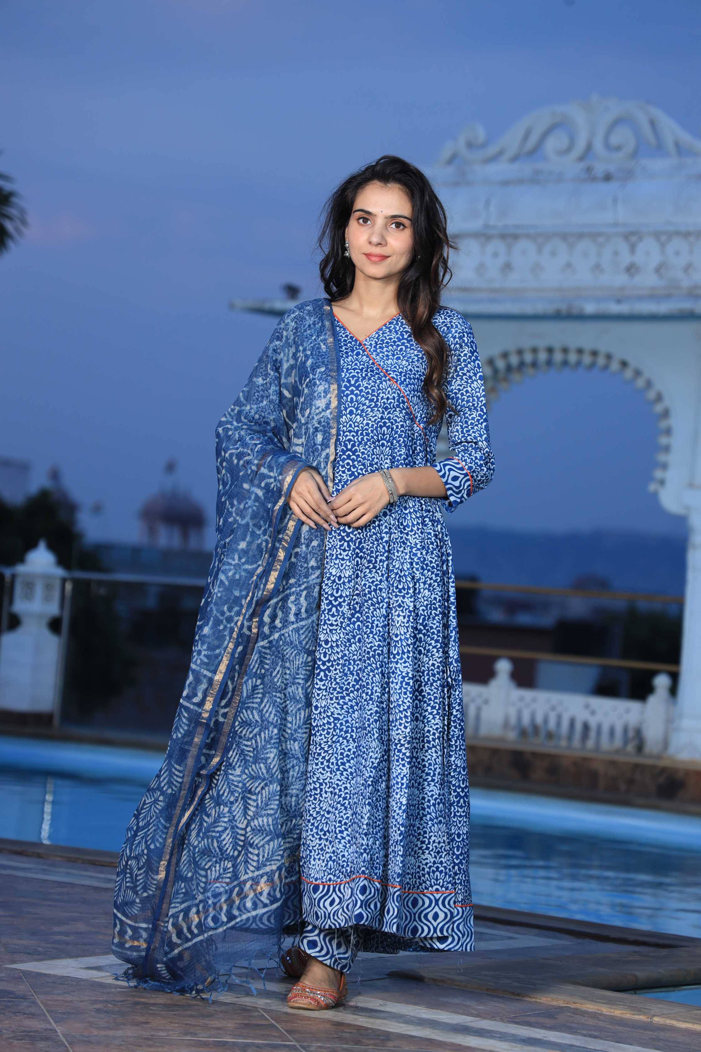 Indigo Hand-Block Print Cotton Angrakha Anarkali Suit