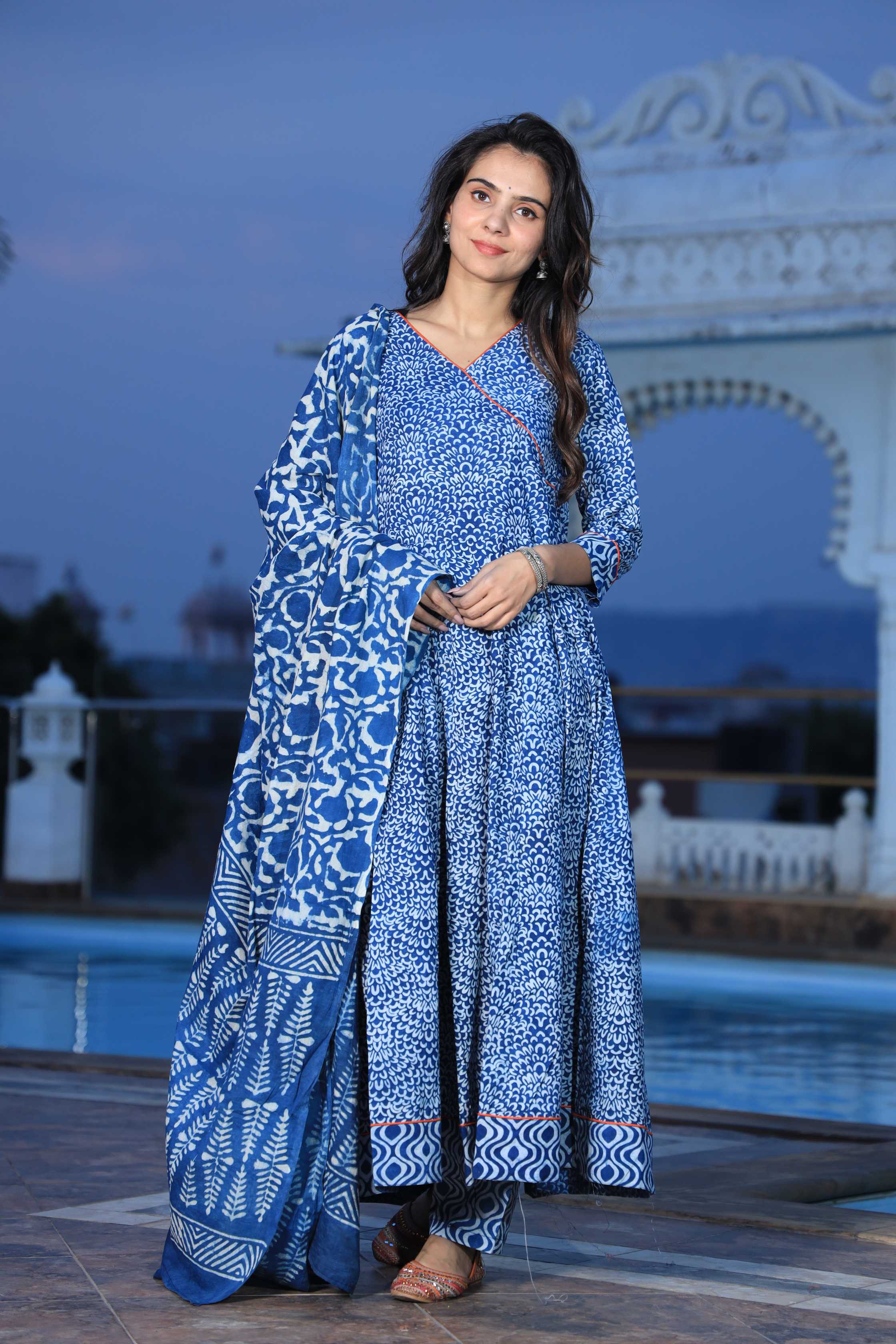 Indigo Hand-Block Print Cotton Angrakha Anarkali Suit