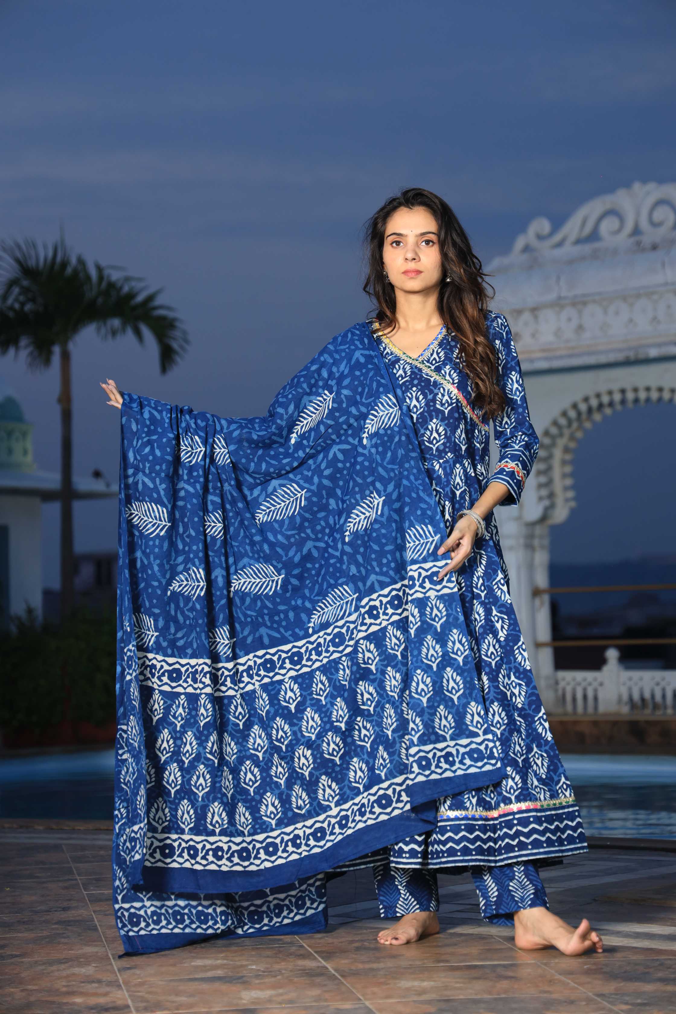 Indigo Hand-Block Floral Cotton Angrakha Anarkali Suit