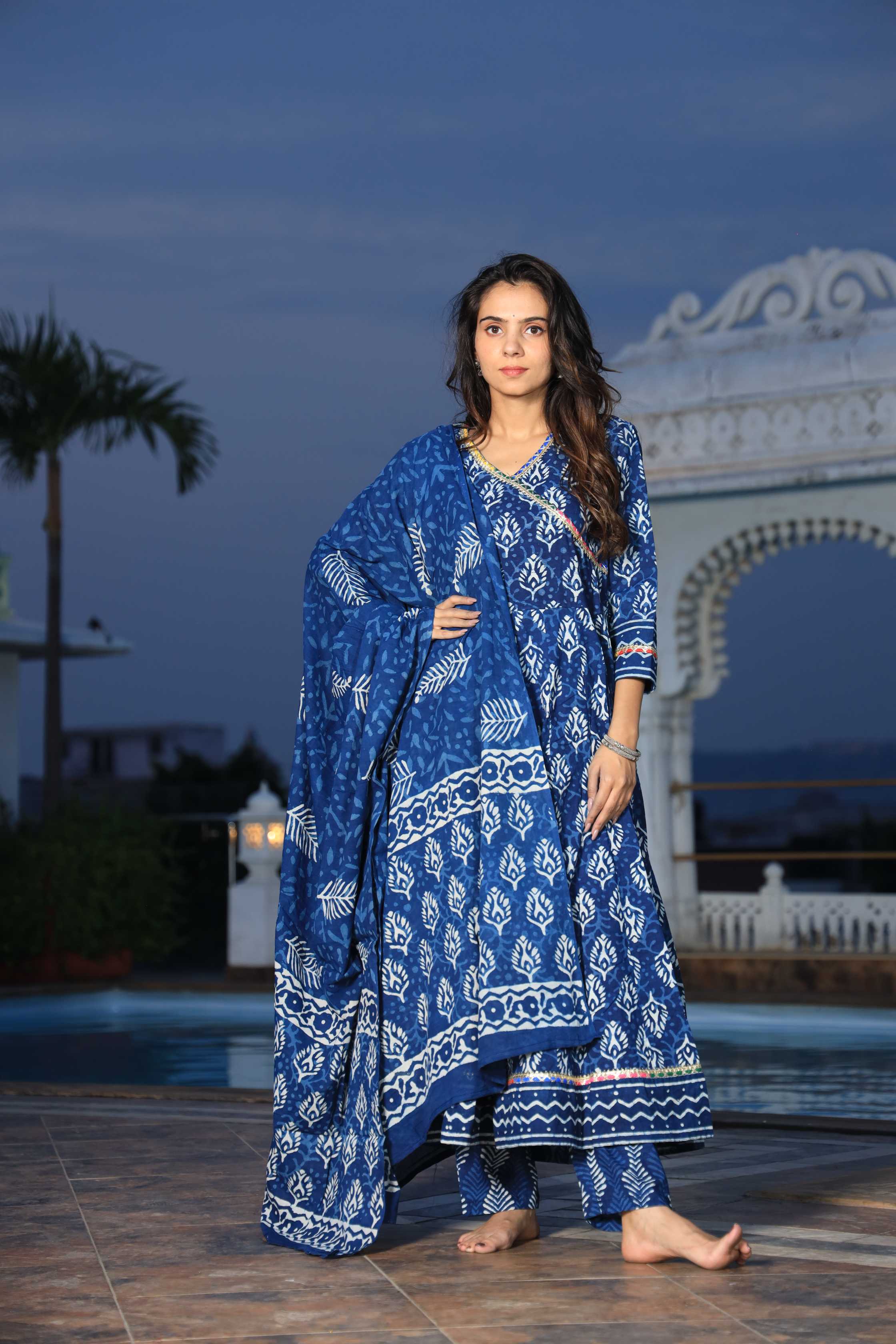 Indigo Hand-Block Floral Cotton Angrakha Anarkali Suit