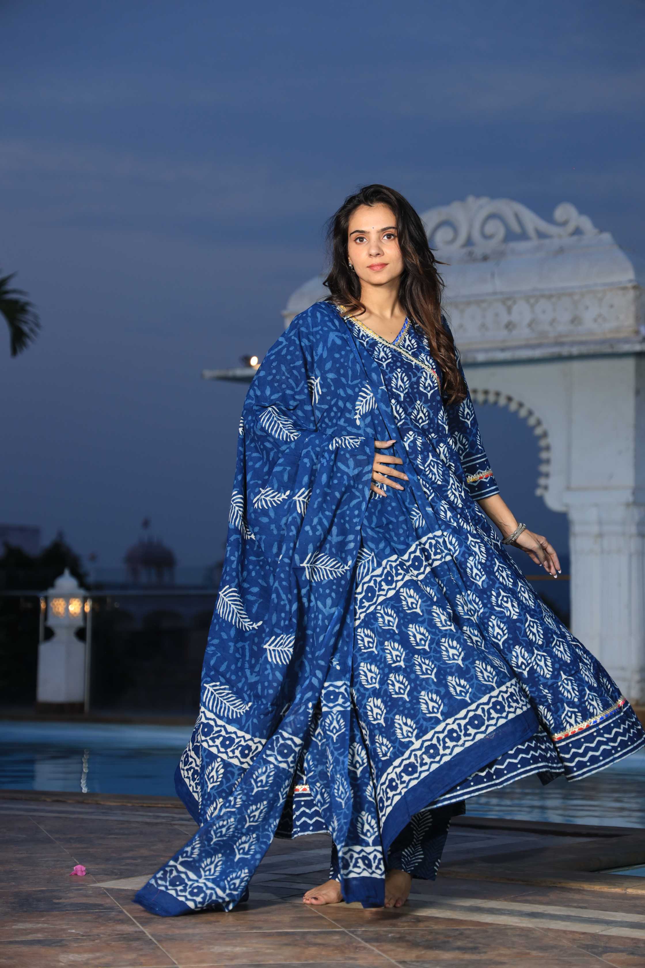 Indigo Hand-Block Floral Cotton Angrakha Anarkali Suit