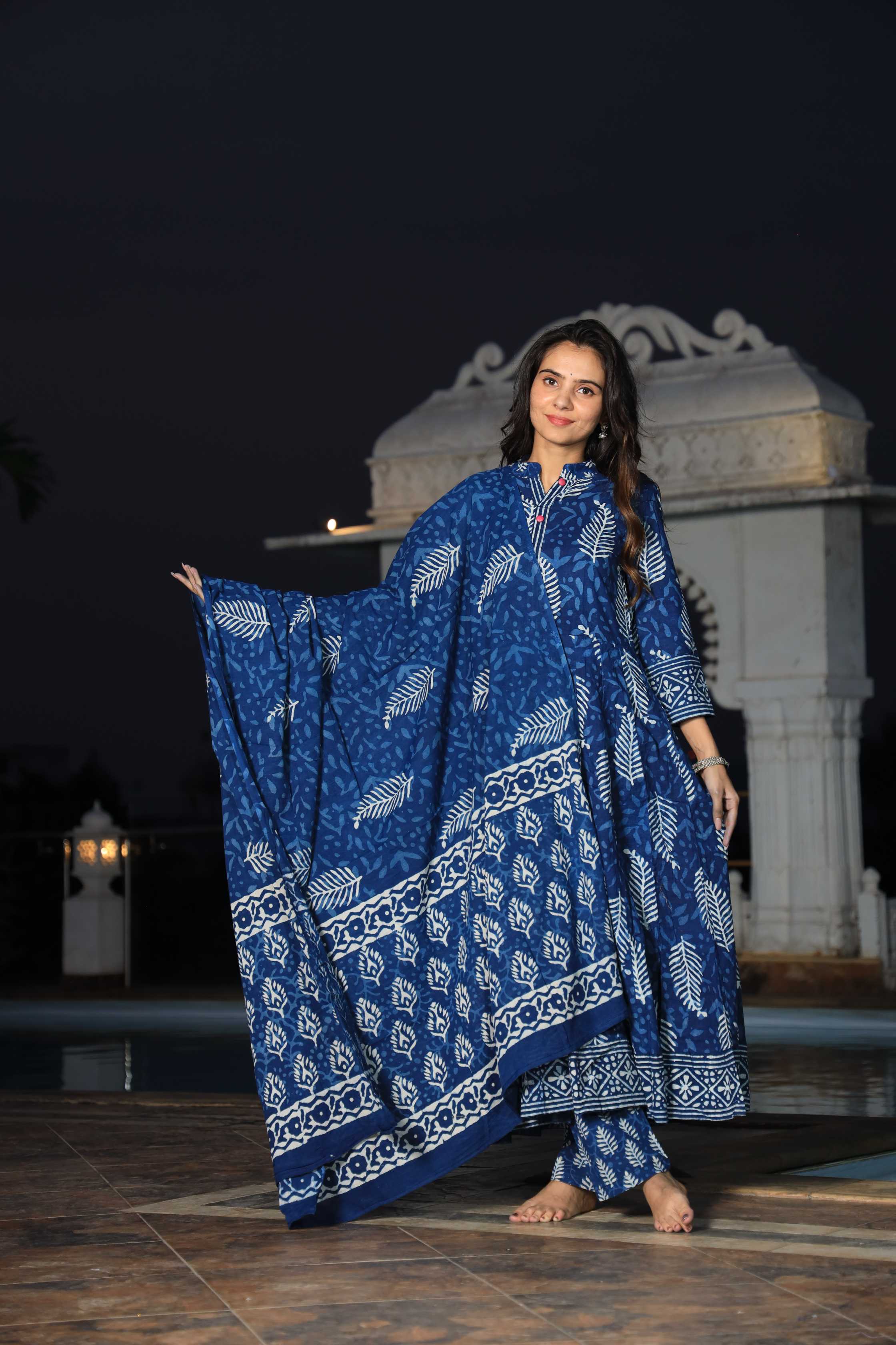 Indigo Hand-Block Floral Cotton Angrakha Anarkali Suit
