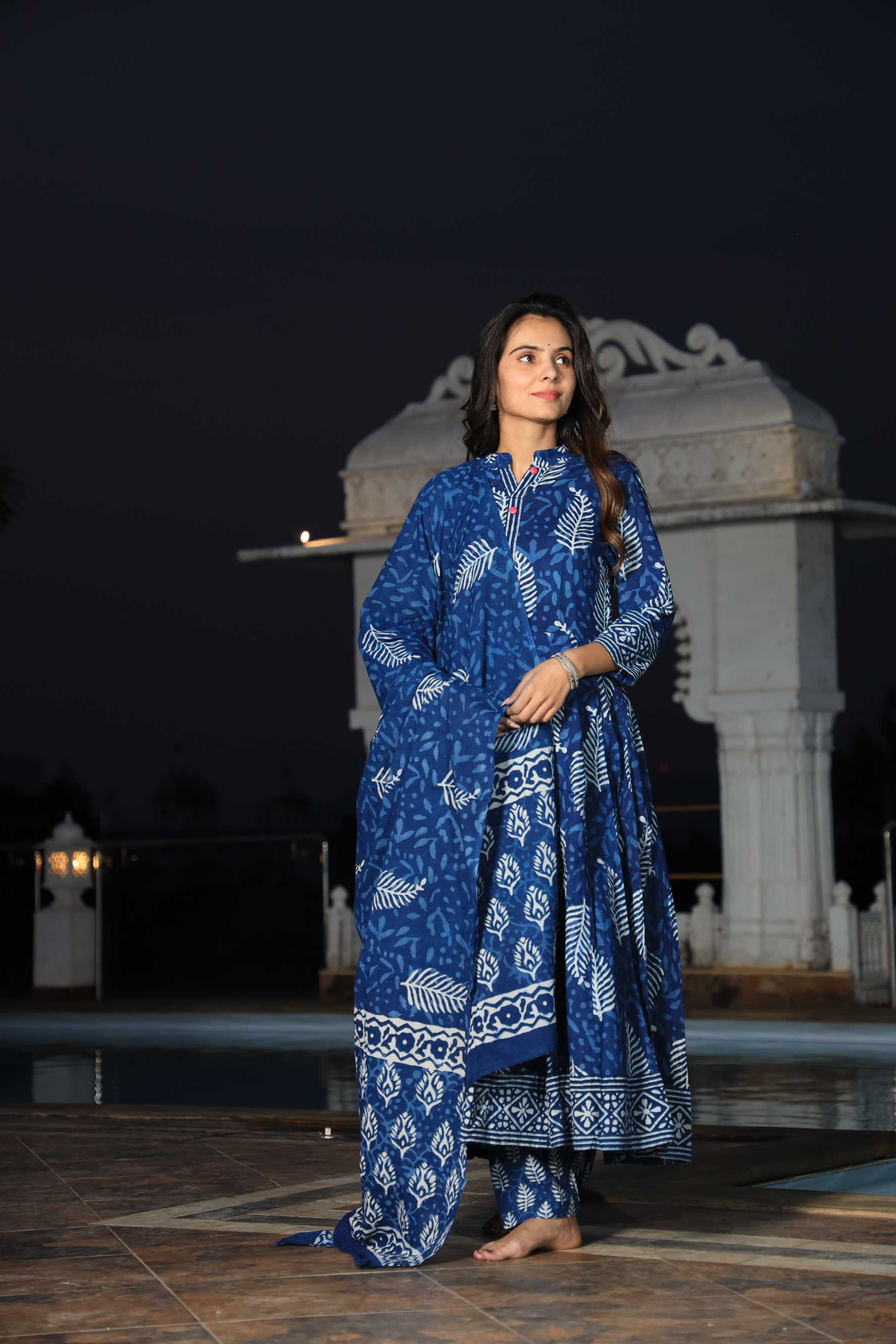 Indigo Hand-Block Floral Cotton Angrakha Anarkali Suit