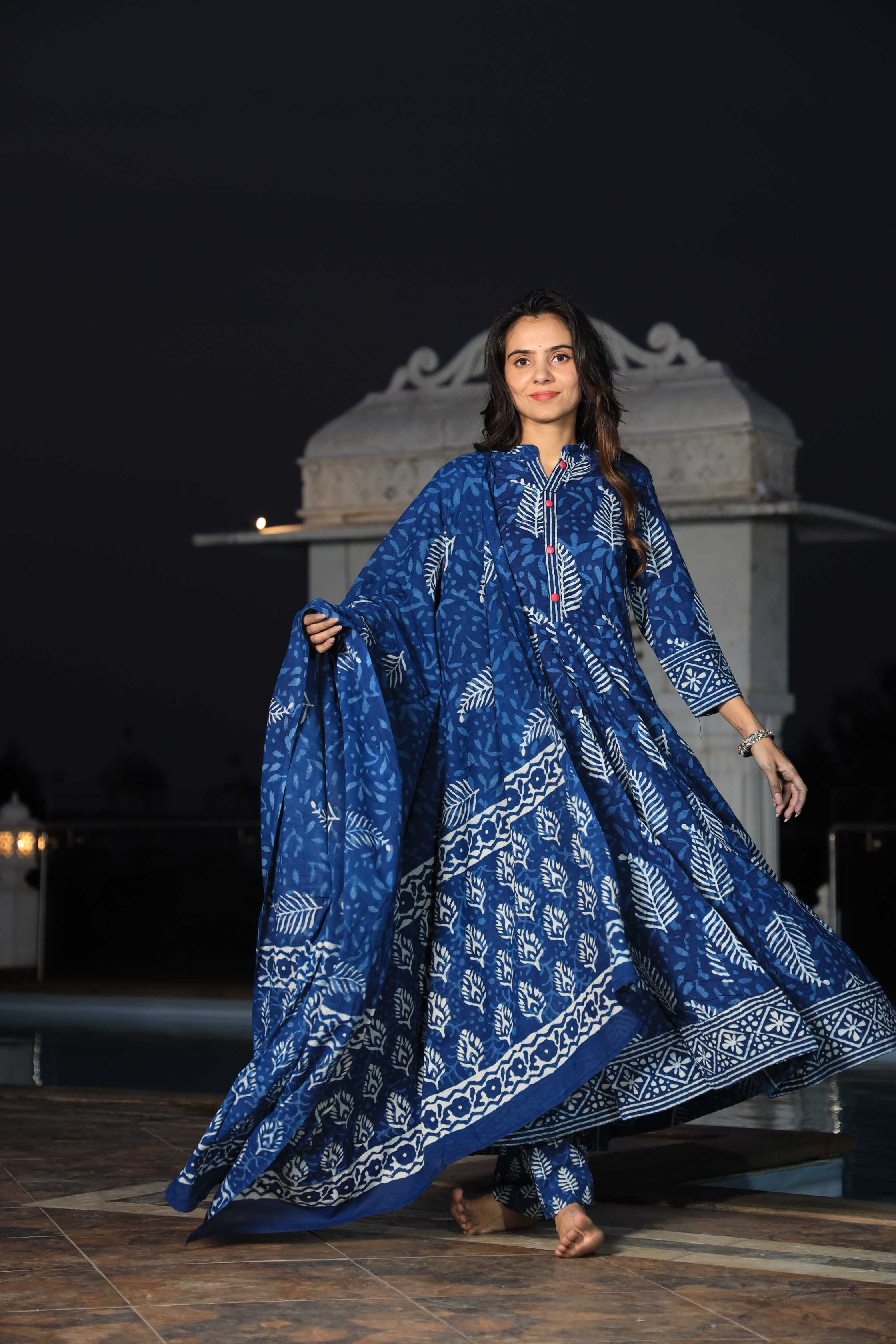 Indigo Hand-Block Floral Cotton Angrakha Anarkali Suit