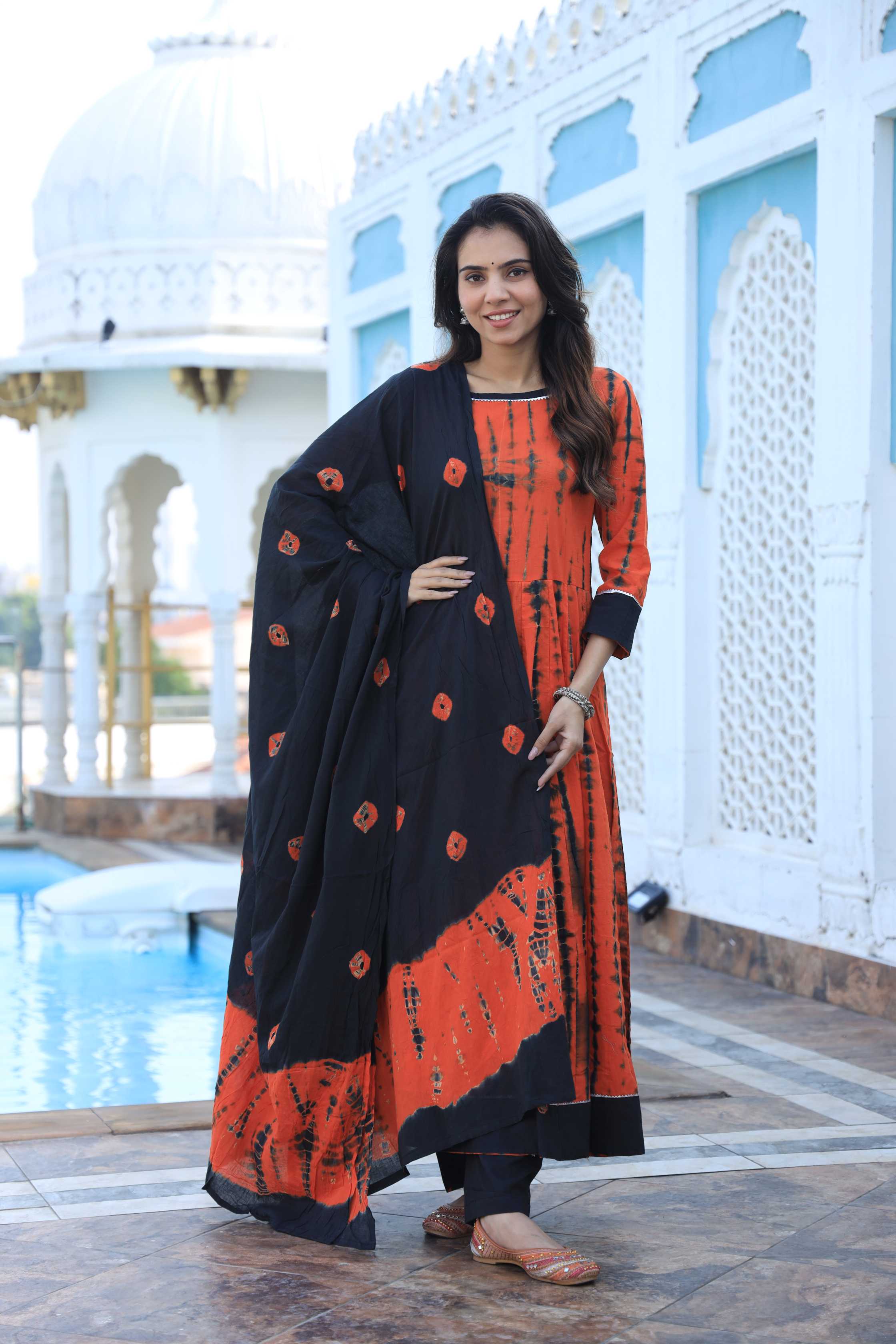 Rust Orange & Black Shibori Tie-Dye Cotton Anarkali Suit
