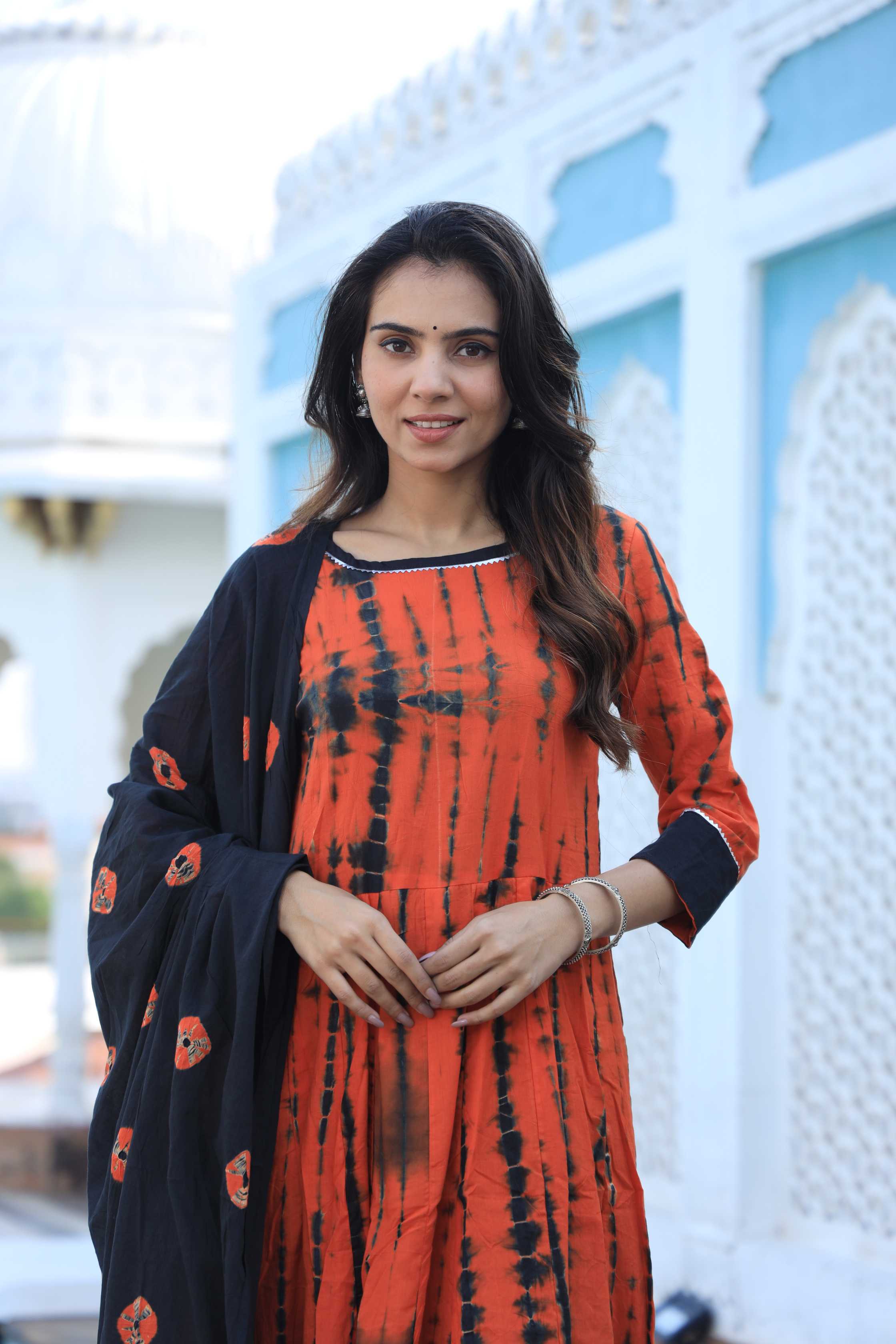 Rust Orange & Black Shibori Tie-Dye Cotton Anarkali Suit