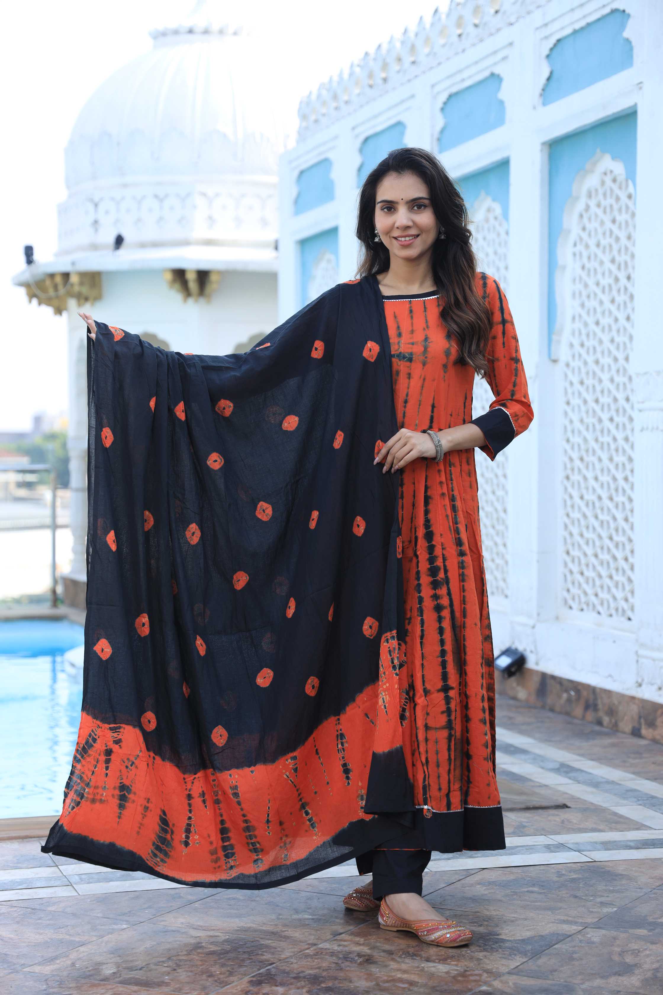 Rust Orange & Black Shibori Tie-Dye Cotton Anarkali Suit