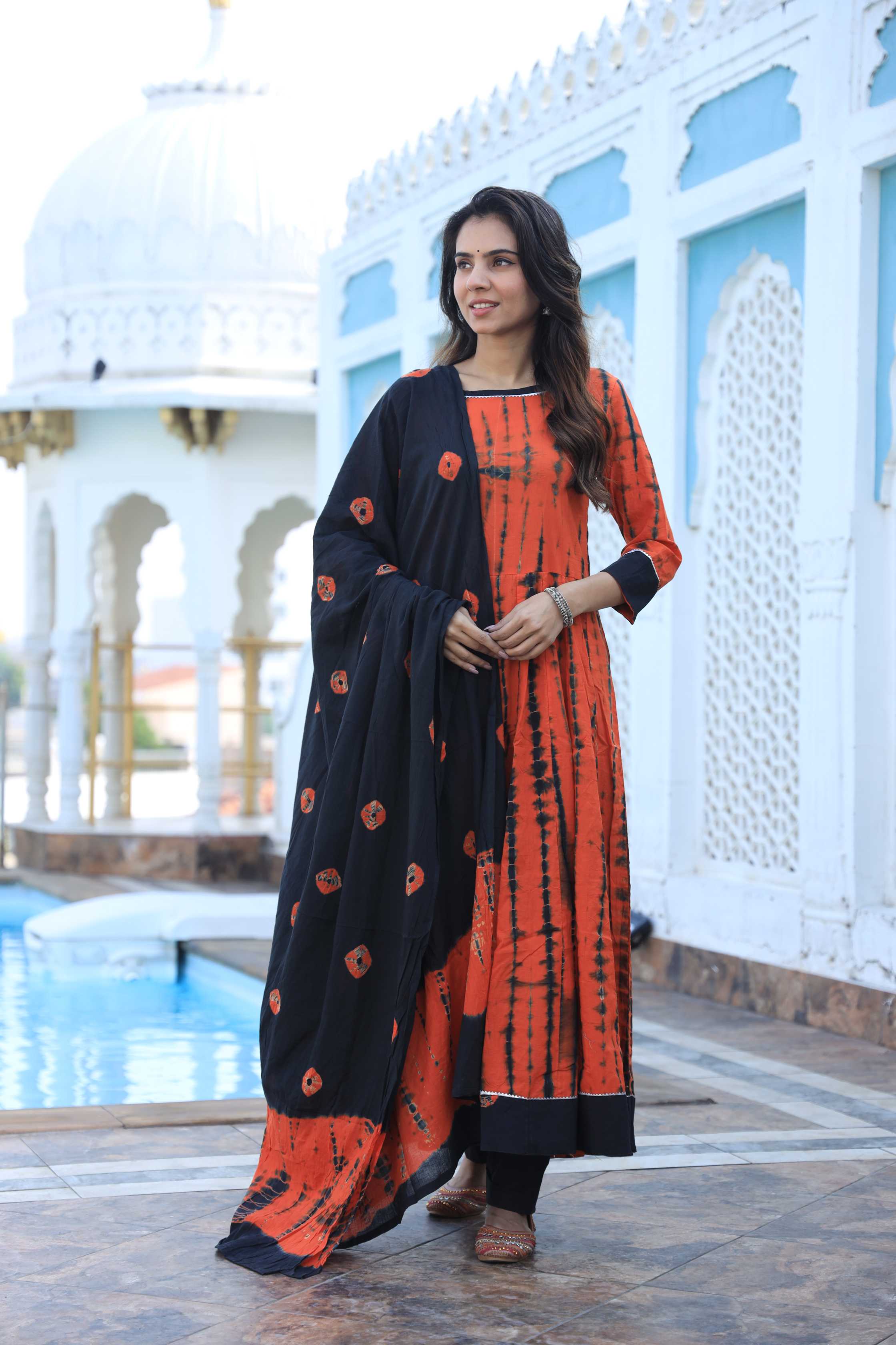 Rust Orange & Black Shibori Tie-Dye Cotton Anarkali Suit
