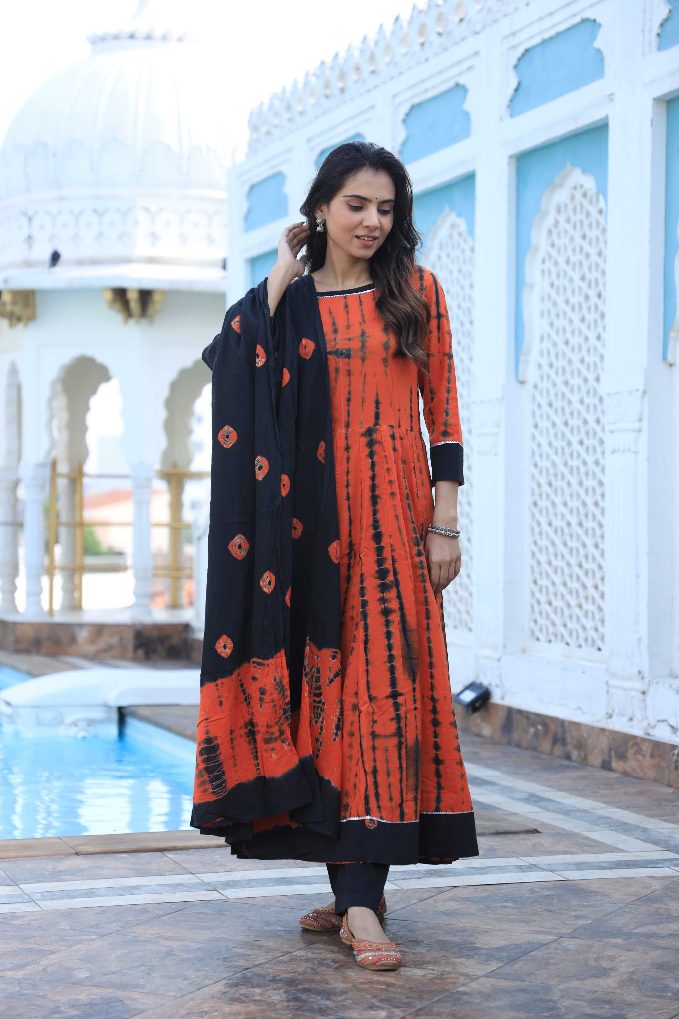 Rust Orange & Black Shibori Tie-Dye Cotton Anarkali Suit