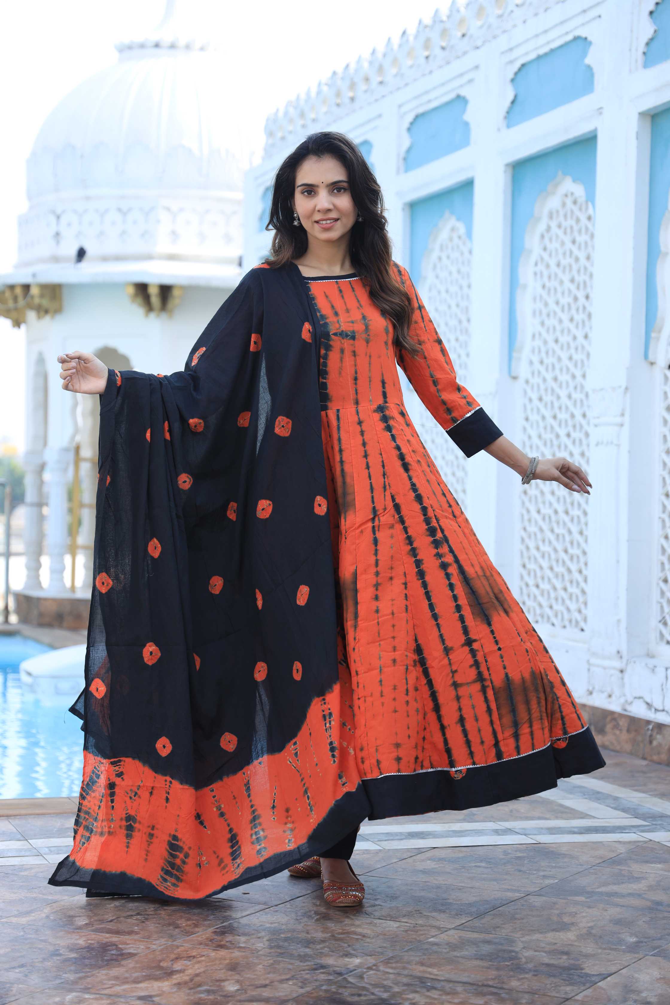 Rust Orange & Black Shibori Tie-Dye Cotton Anarkali Suit