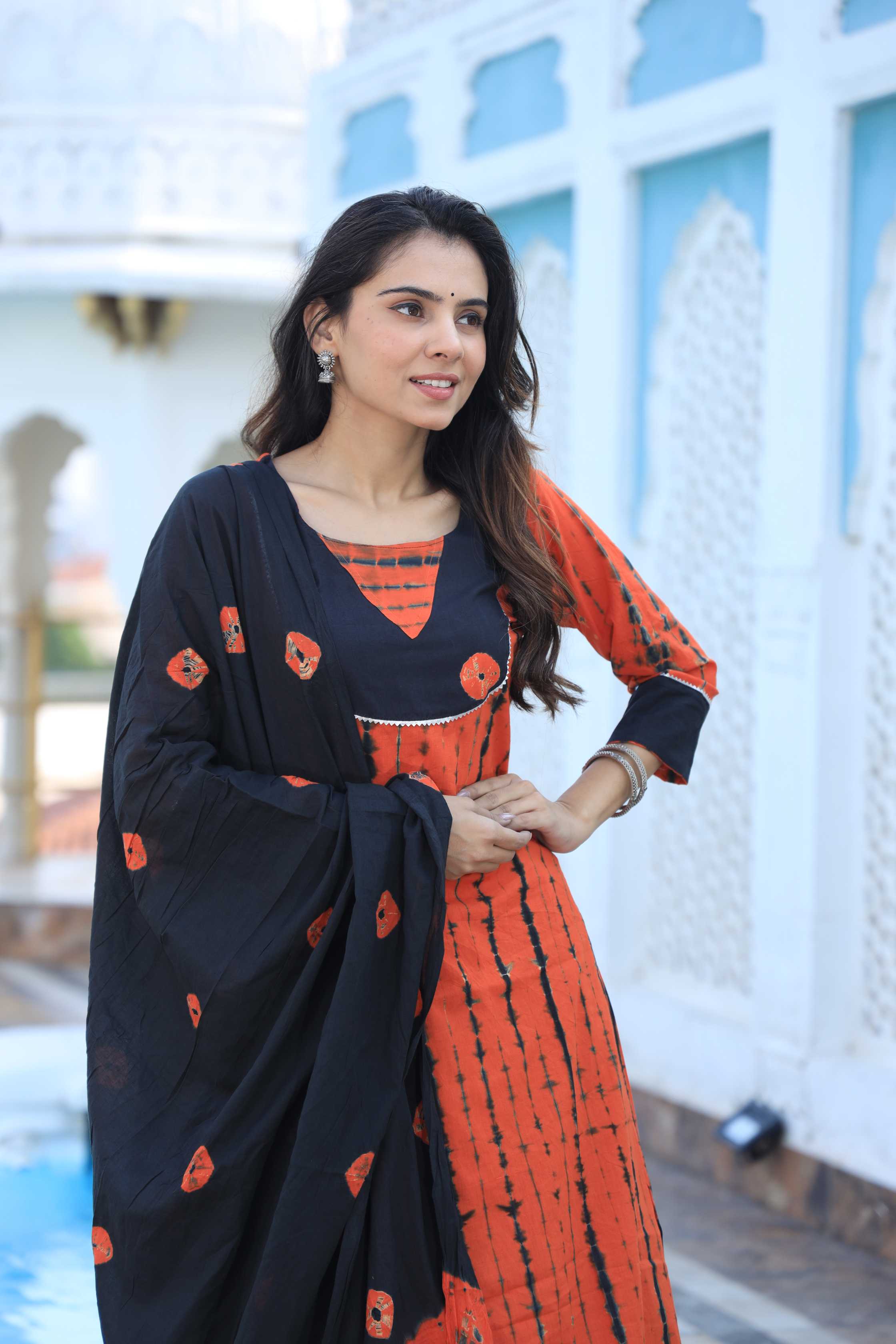 Rust Orange & Black Shibori Tie-Dye Cotton Anarkali Suit