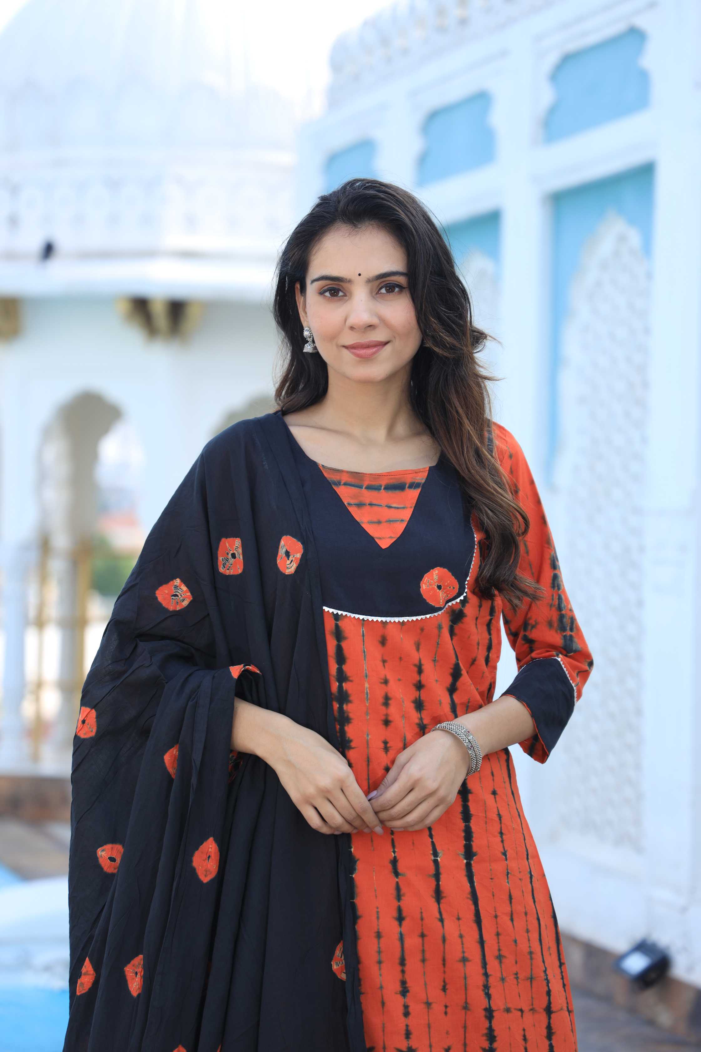 Rust Orange & Black Shibori Tie-Dye Cotton Anarkali Suit