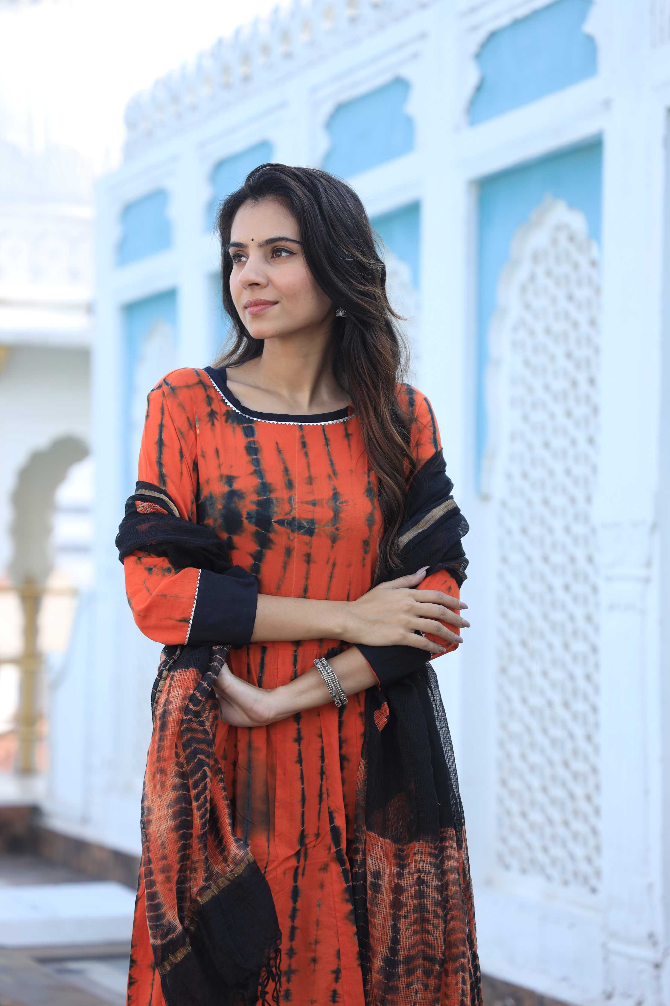 Rust Orange & Black Shibori Tie-Dye Cotton Anarkali Suit