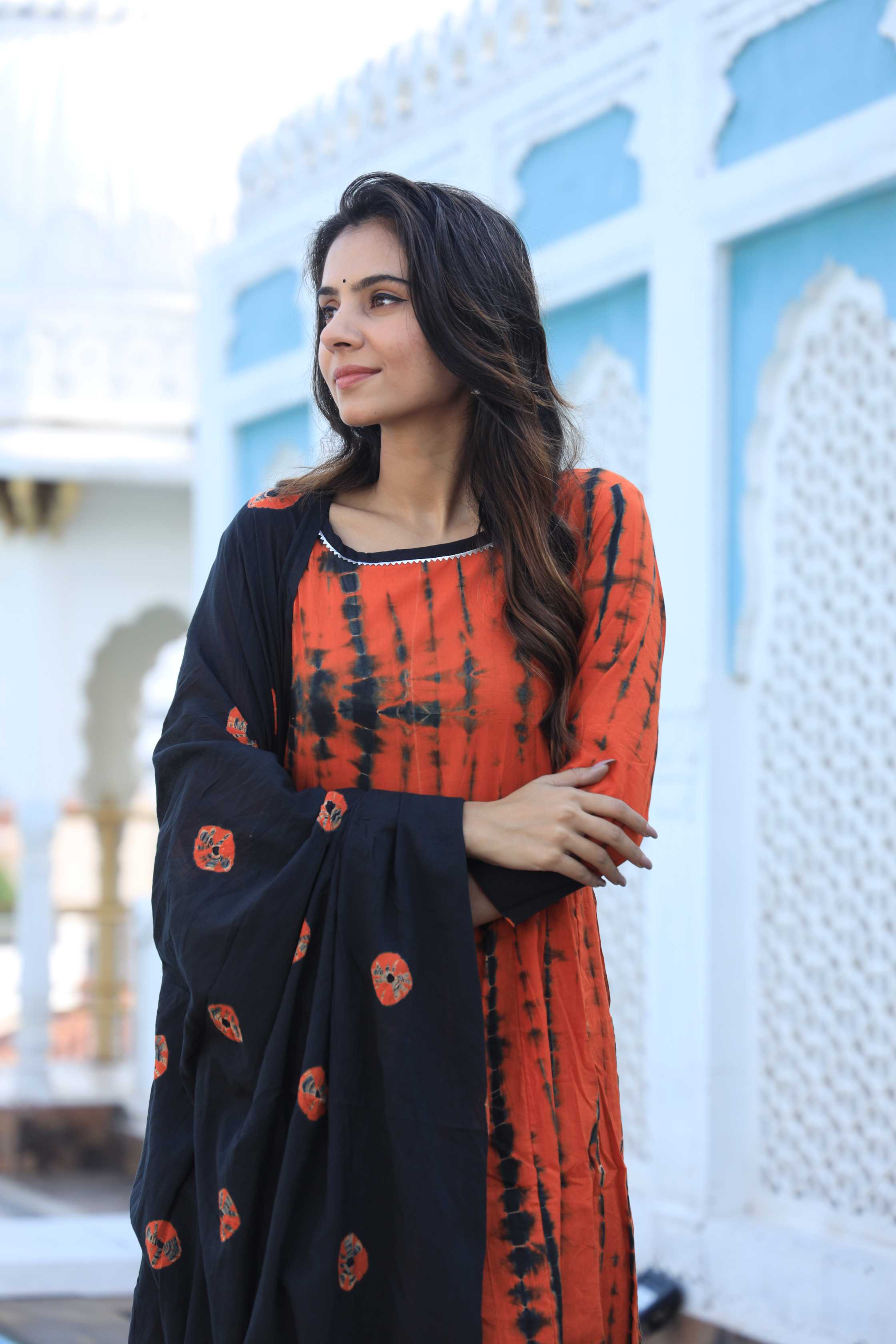 Rust Orange & Black Shibori Tie-Dye Cotton Anarkali Suit