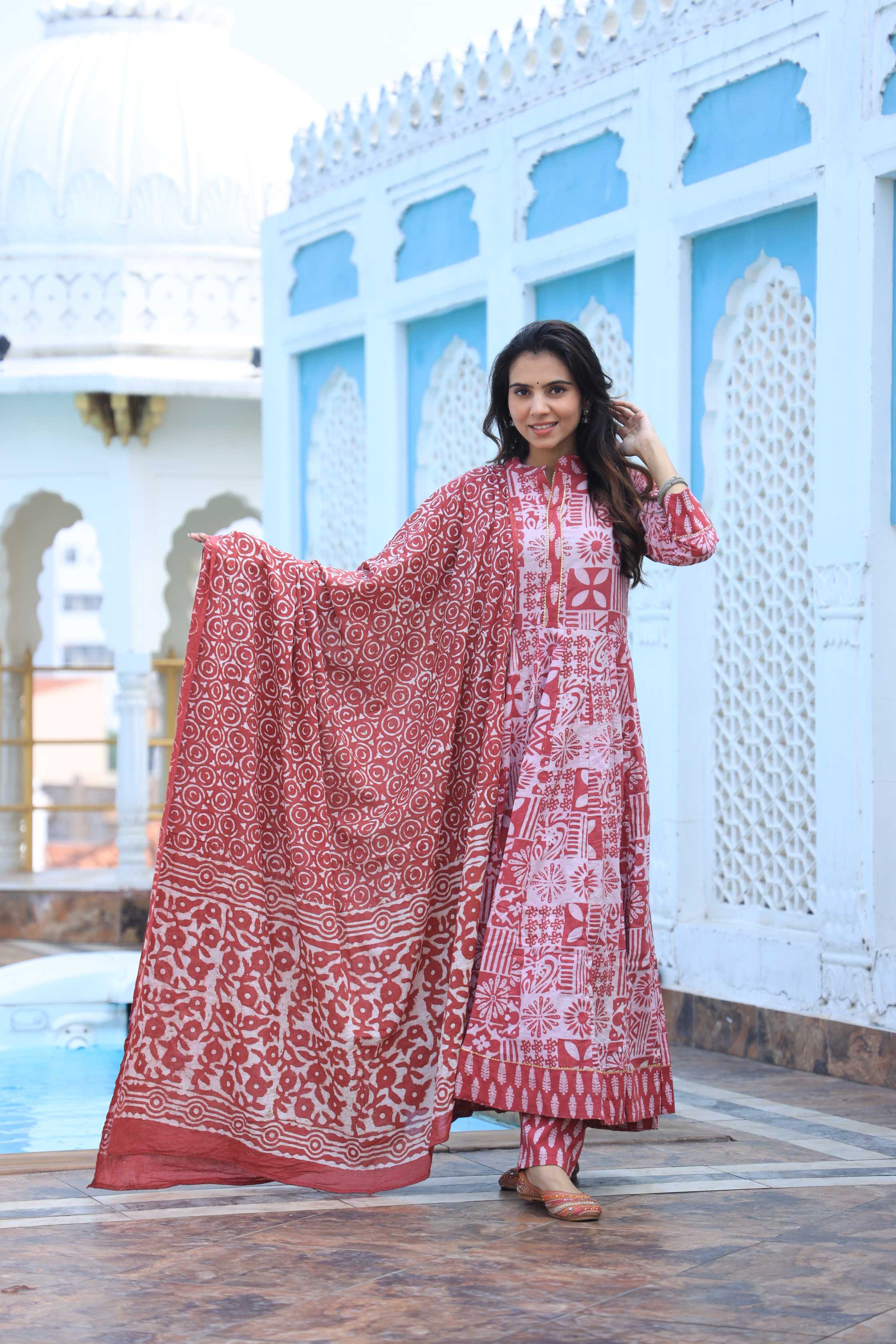 Terracotta Red Hand-Block Mosaic Cotton Anarkali Suit