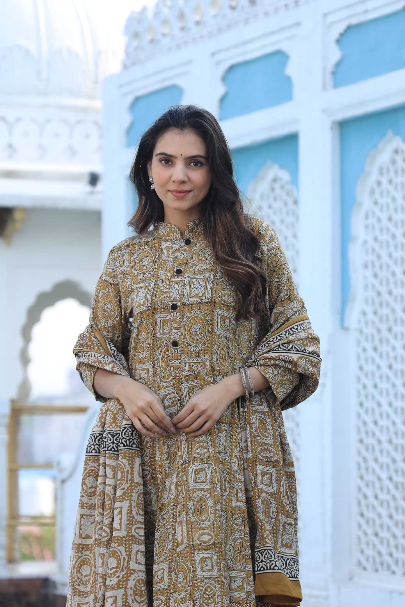 Mustard Gold Hand-Block Mosaic Cotton Anarkali Suit