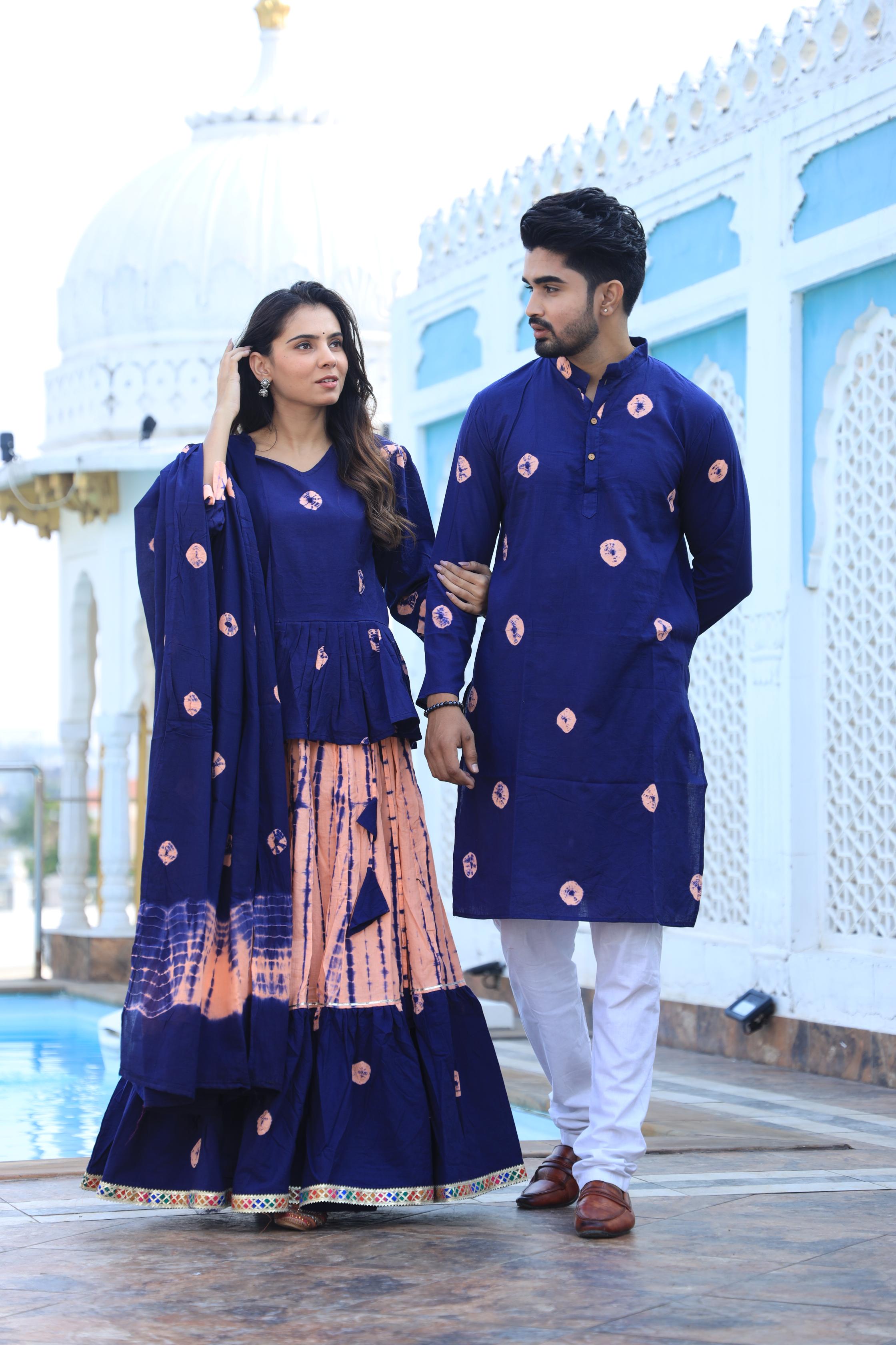 Coordinated Couple Set: Indigo Hand-Dotted Chaniya Choli & Men’s Kurta