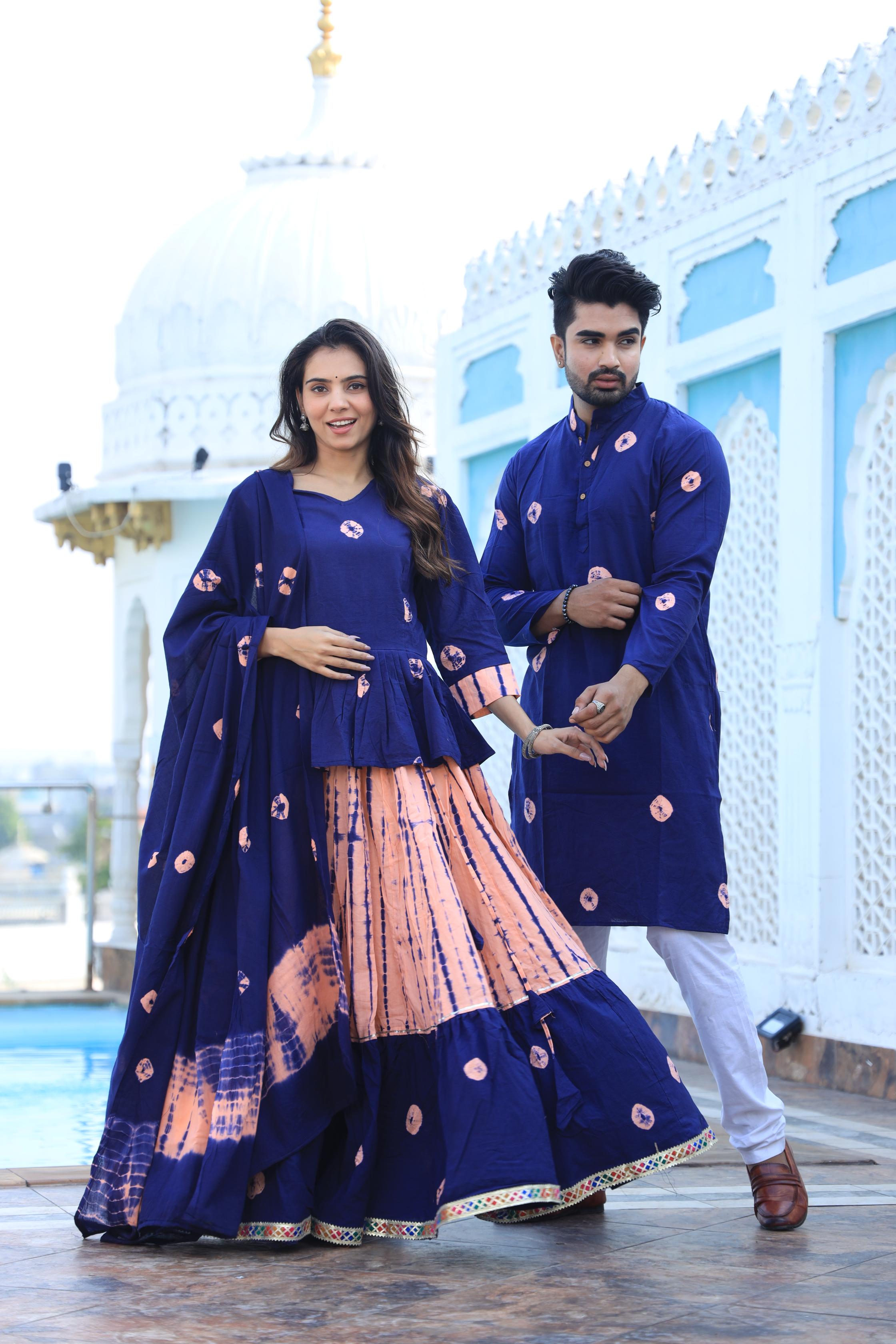 Coordinated Couple Set: Indigo Hand-Dotted Chaniya Choli & Men’s Kurta