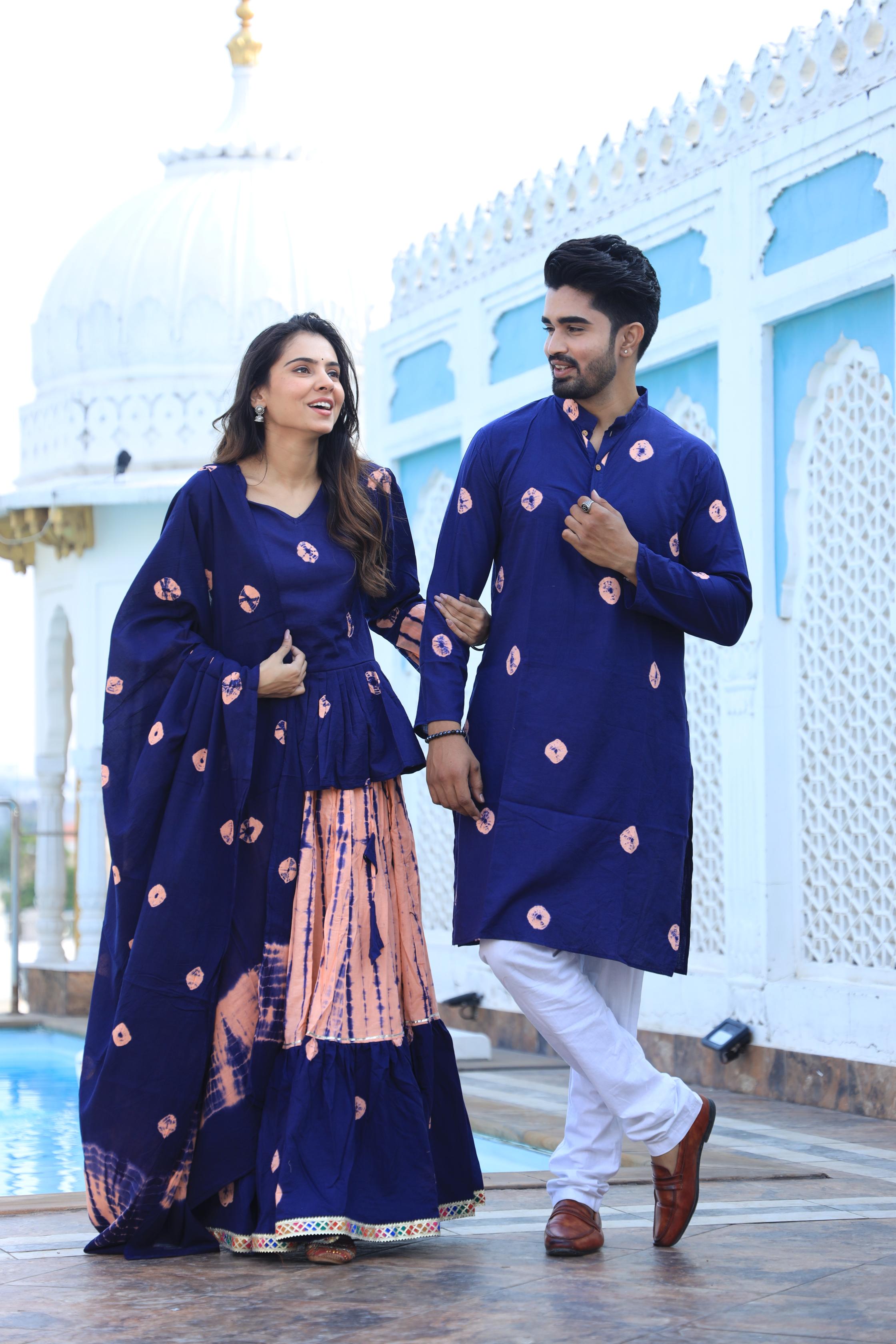 Coordinated Couple Set: Indigo Hand-Dotted Chaniya Choli & Men’s Kurta