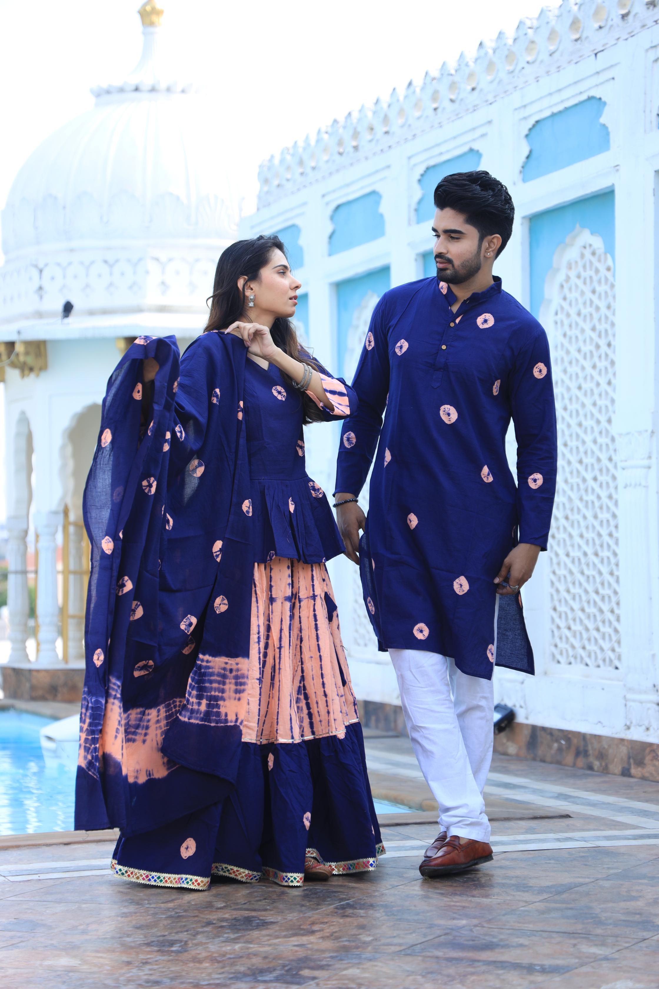 Coordinated Couple Set: Indigo Hand-Dotted Chaniya Choli & Men’s Kurta