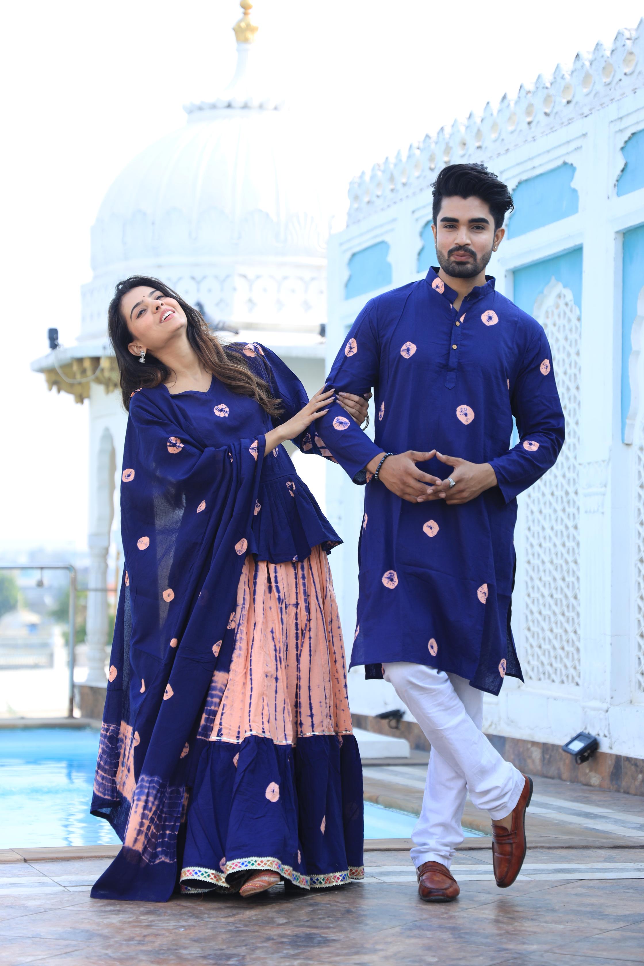 Coordinated Couple Set: Indigo Hand-Dotted Chaniya Choli & Men’s Kurta