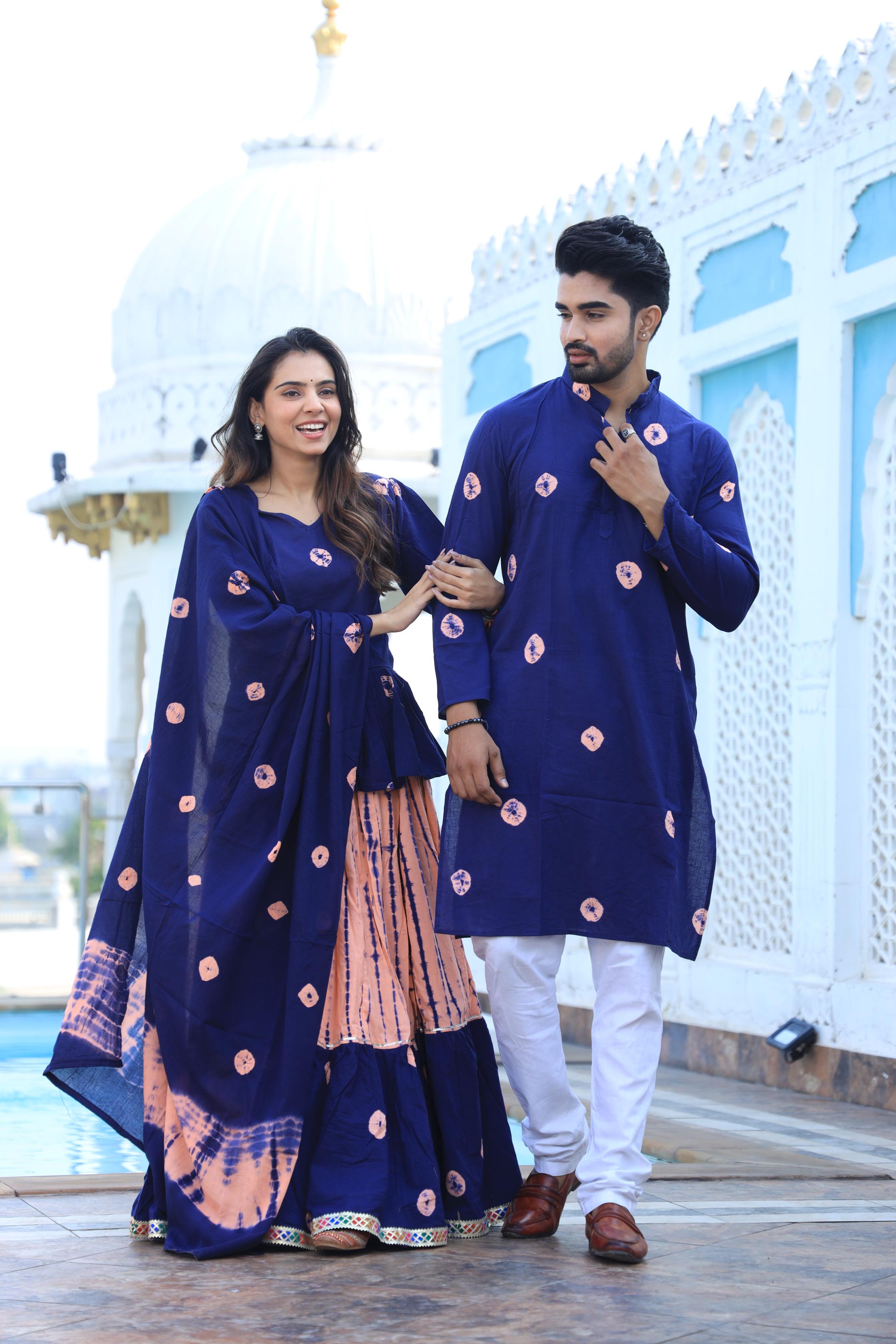 Coordinated Couple Set: Indigo Hand-Dotted Chaniya Choli & Men’s Kurta