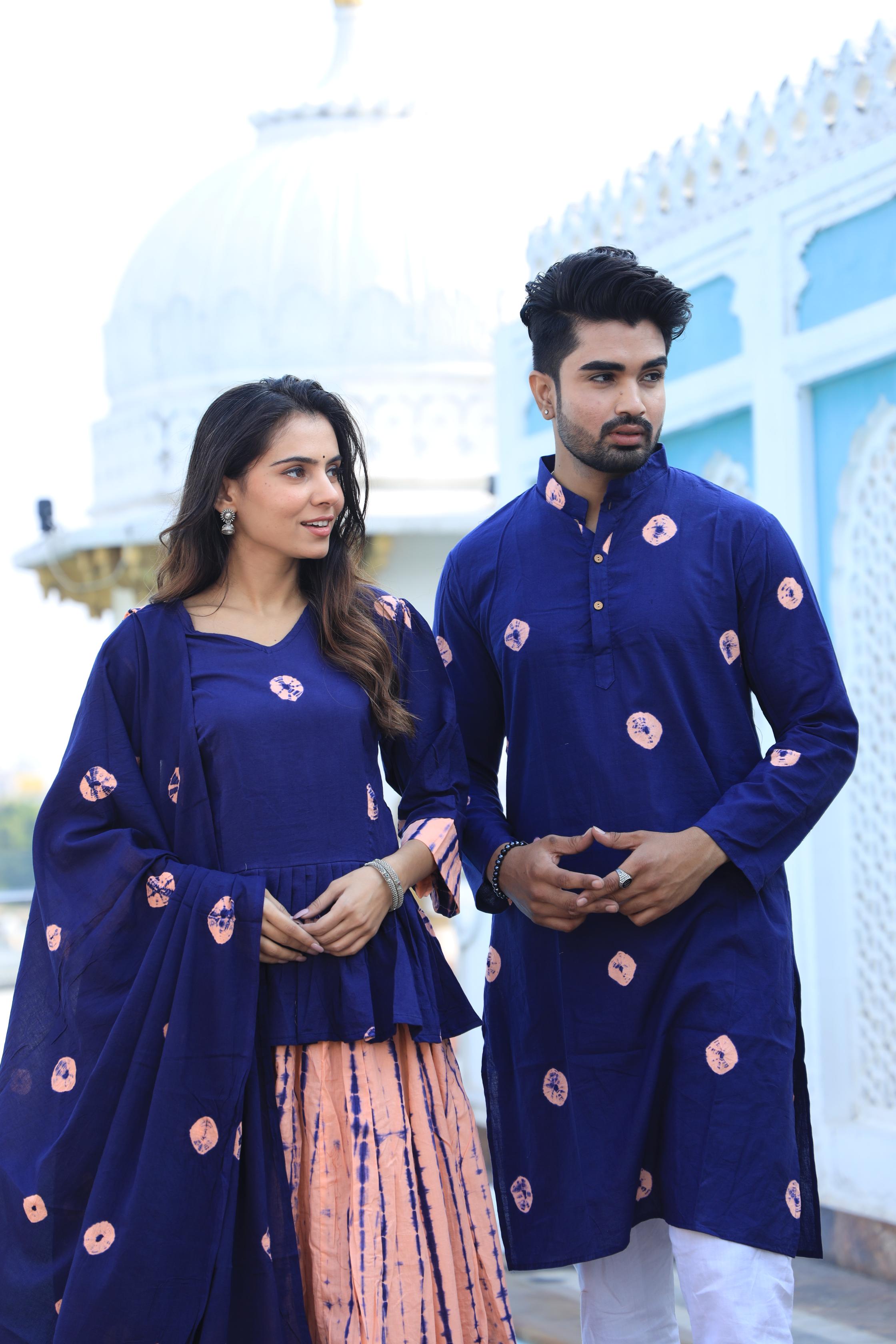 Coordinated Couple Set: Indigo Hand-Dotted Chaniya Choli & Men’s Kurta
