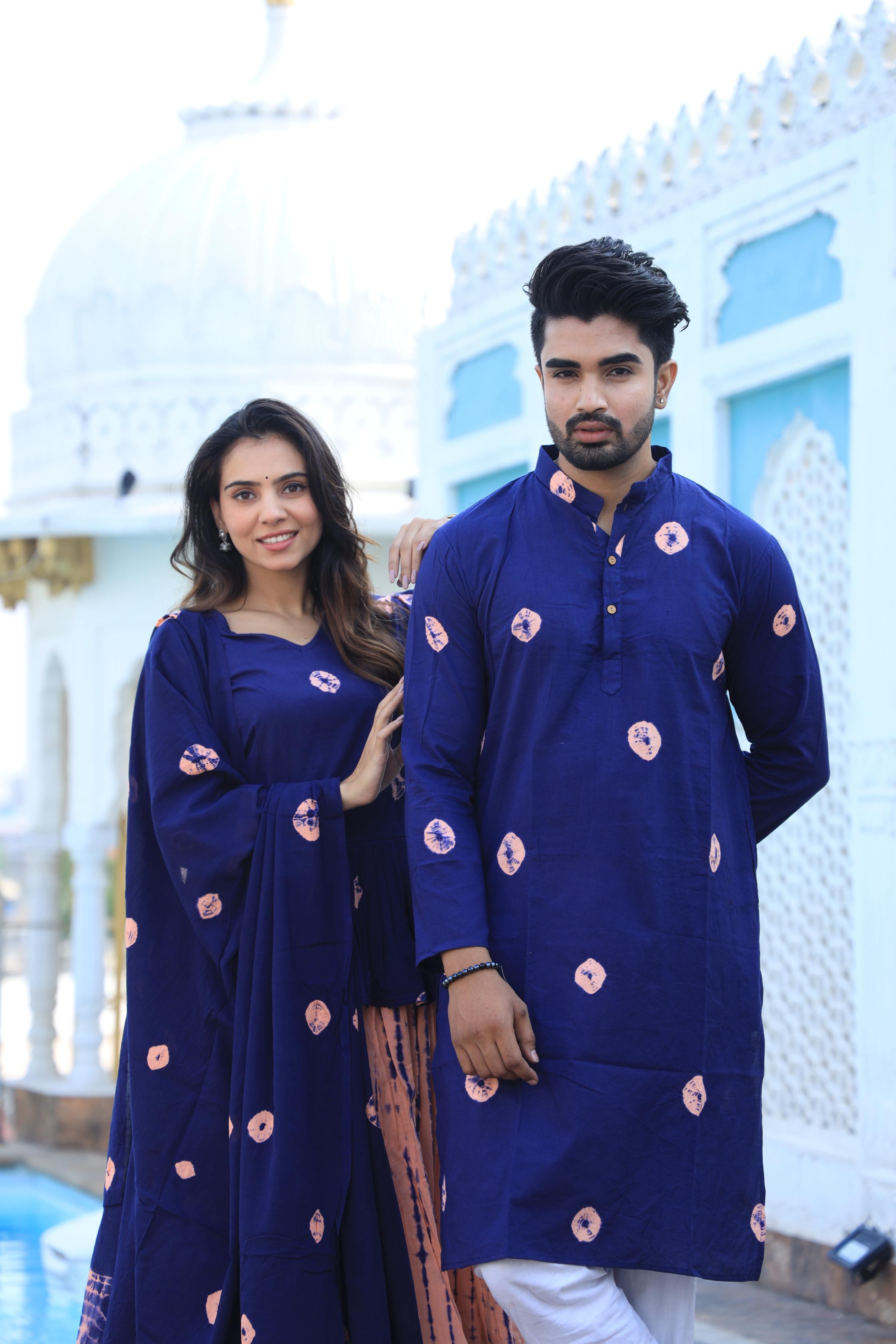 Coordinated Couple Set: Indigo Hand-Dotted Chaniya Choli & Men’s Kurta