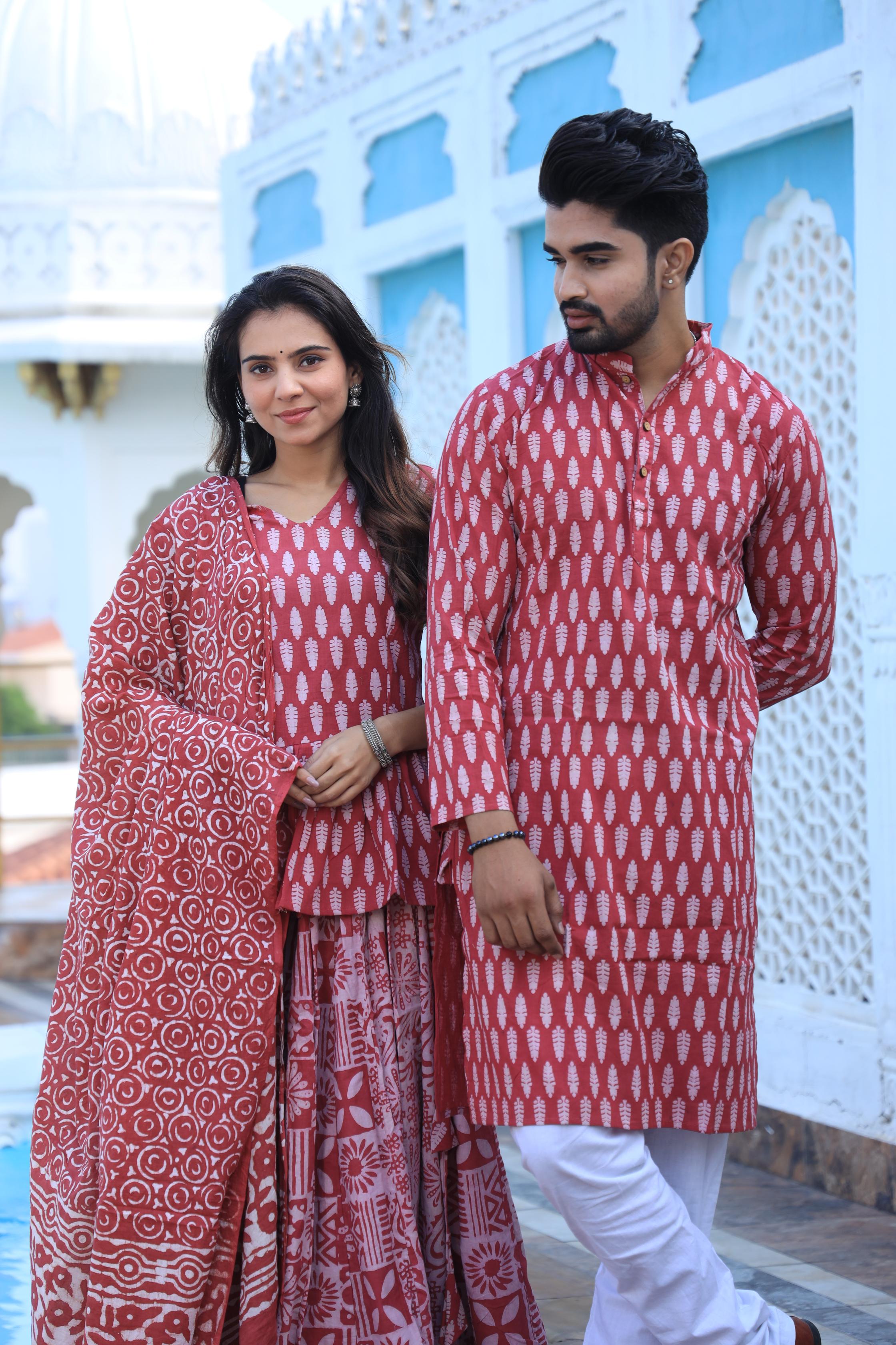 Leaf Block Print Cotton Chaniya Choli & Men's Kurta Set