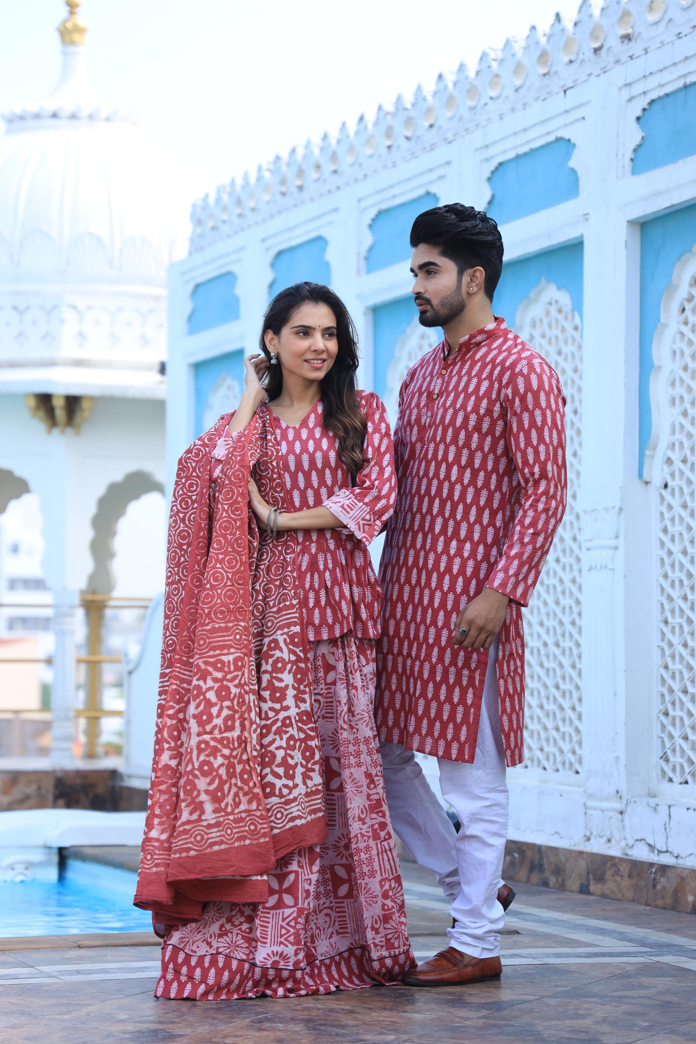 Leaf Block Print Cotton Chaniya Choli & Men's Kurta Set