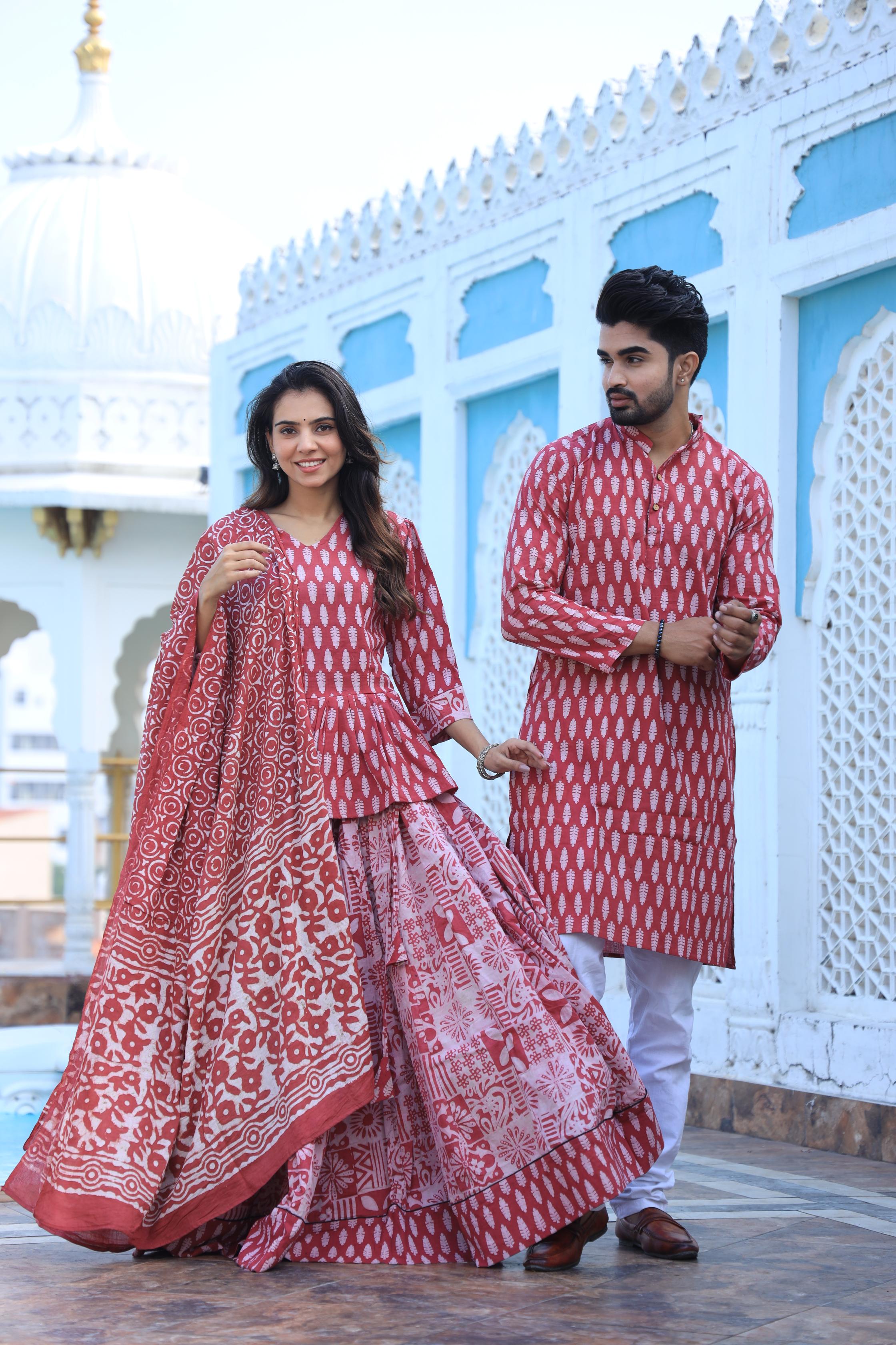 Leaf Block Print Cotton Chaniya Choli & Men's Kurta Set