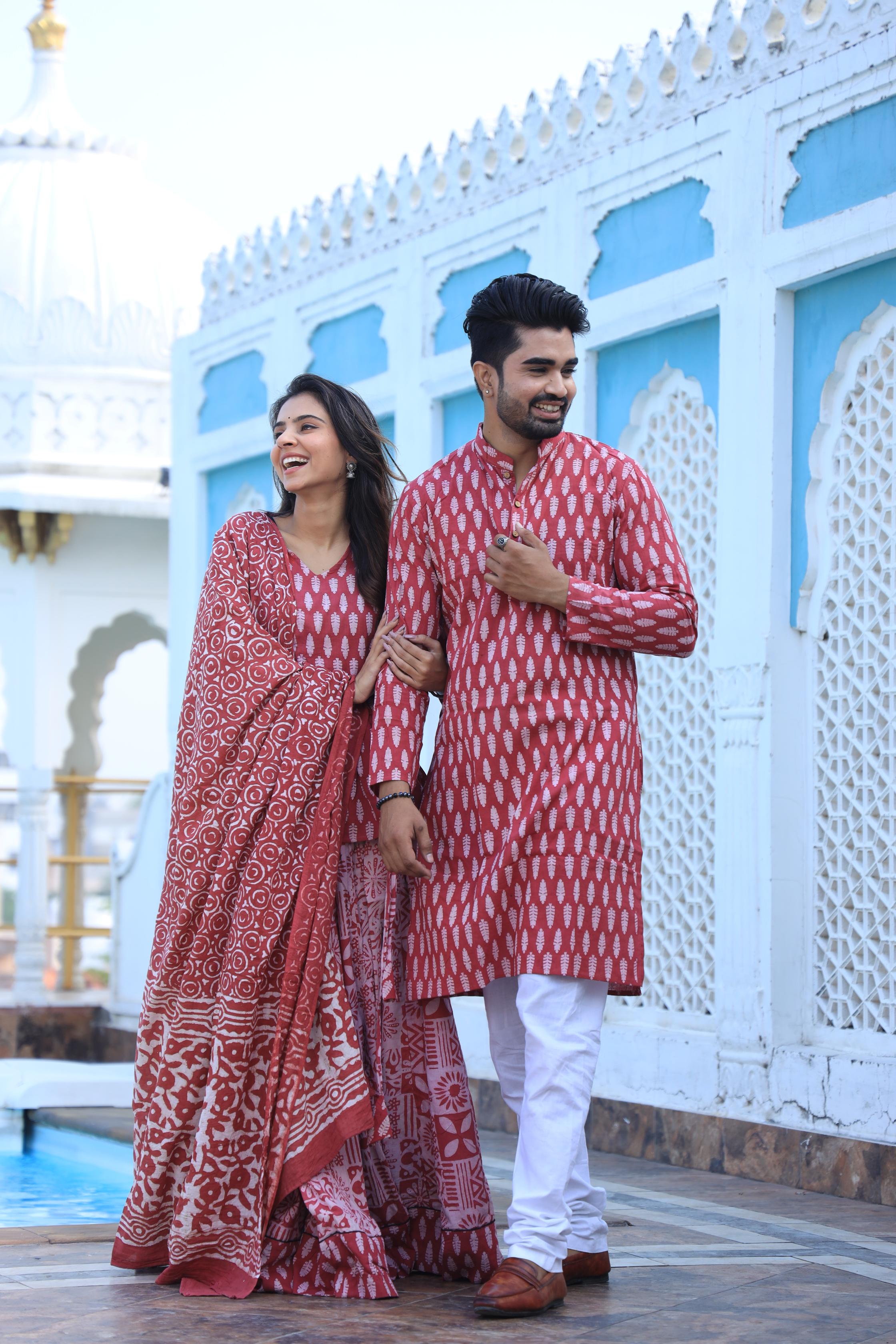Leaf Block Print Cotton Chaniya Choli & Men's Kurta Set