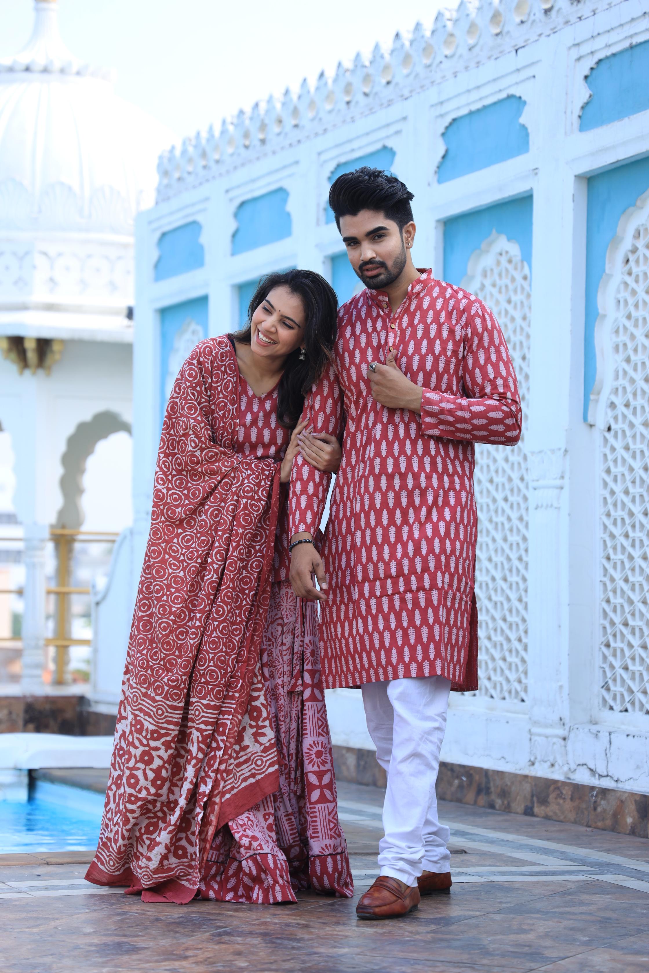 Leaf Block Print Cotton Chaniya Choli & Men's Kurta Set