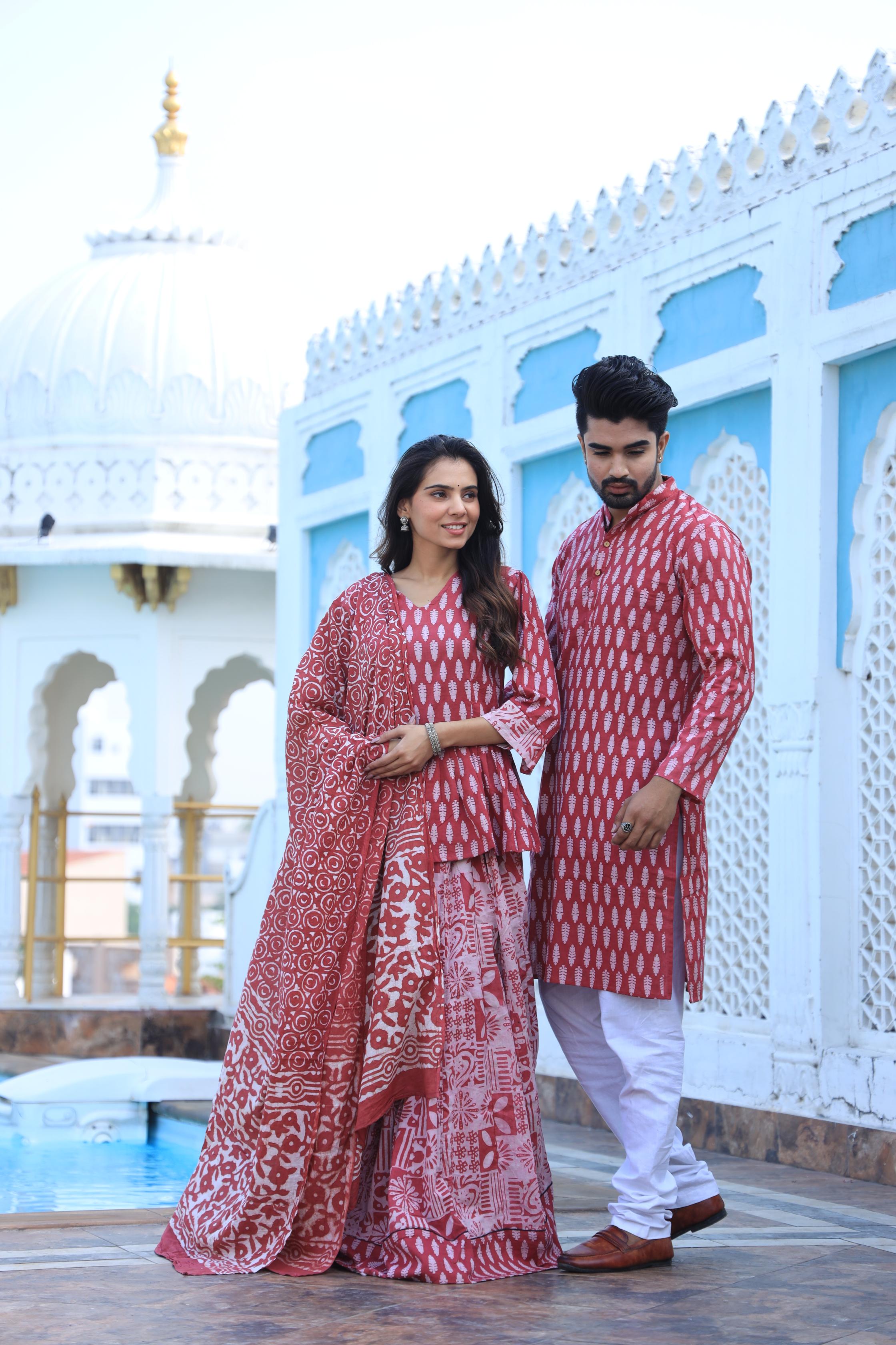 Leaf Block Print Cotton Chaniya Choli & Men's Kurta Set